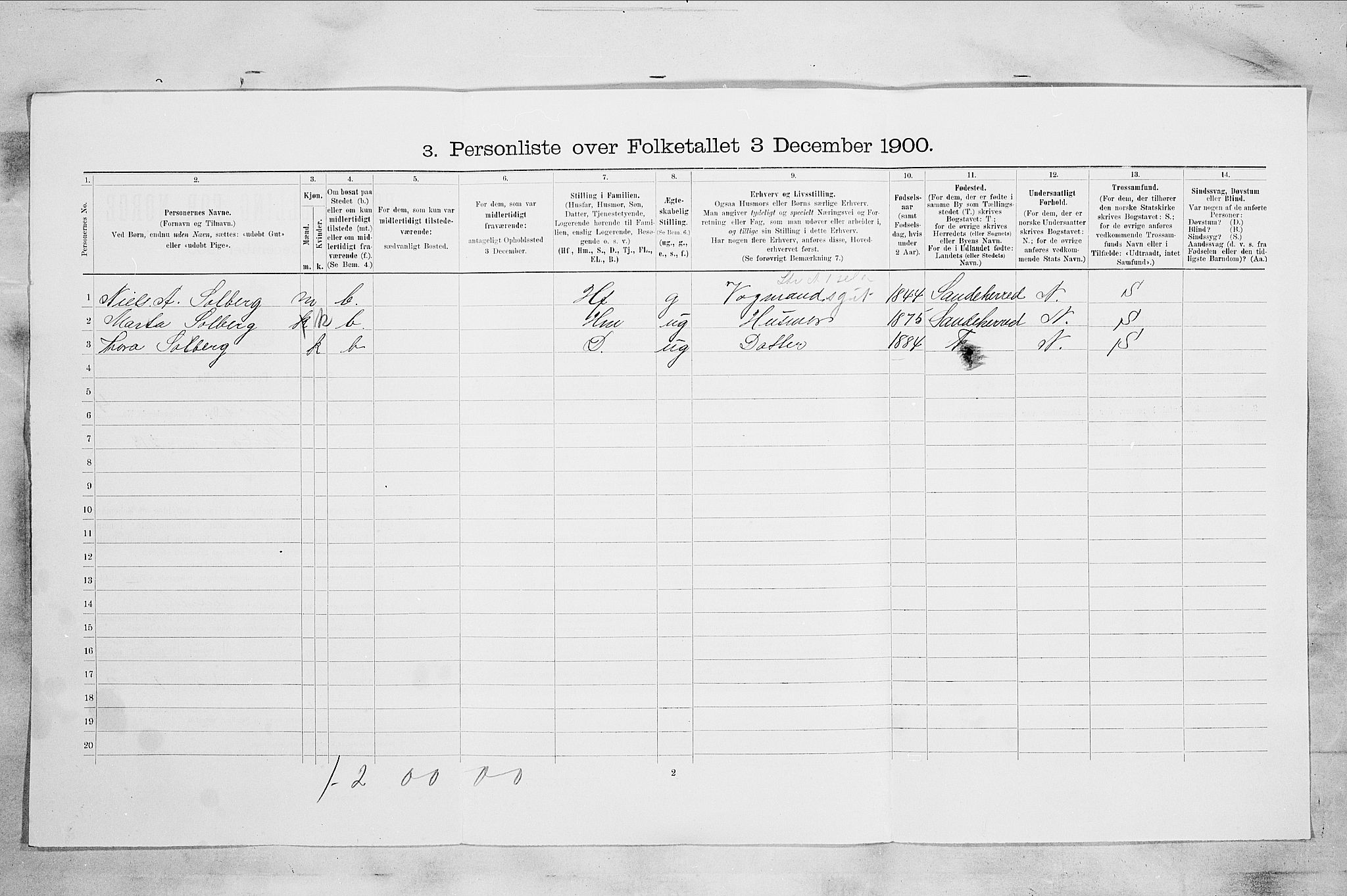 RA, 1900 census for Sandefjord, 1900, p. 909