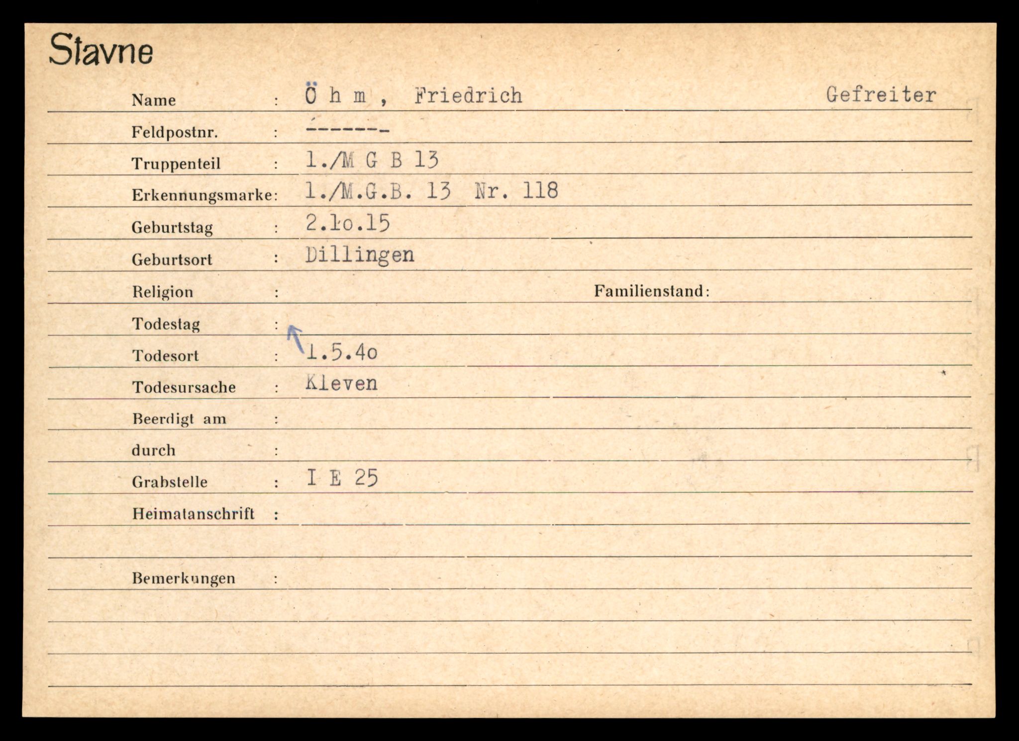 Distriktskontoret for krigsgraver, AV/SAT-A-5030/E/L0003: Kasett/kartotek over tysk Krigskirkegård Stavne, 1945, p. 1615