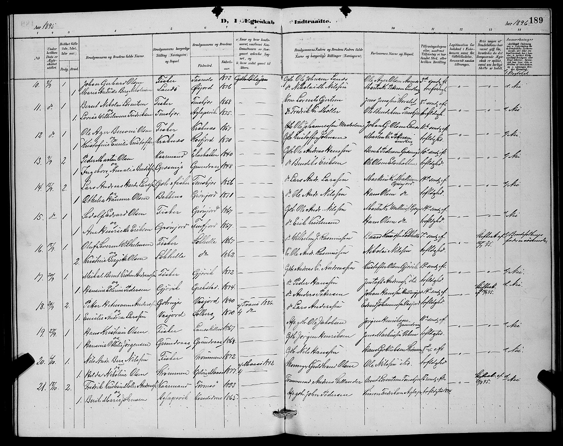Lenvik sokneprestembete, SATØ/S-1310/H/Ha/Hab/L0007klokker: Parish register (copy) no. 7, 1890-1898, p. 189