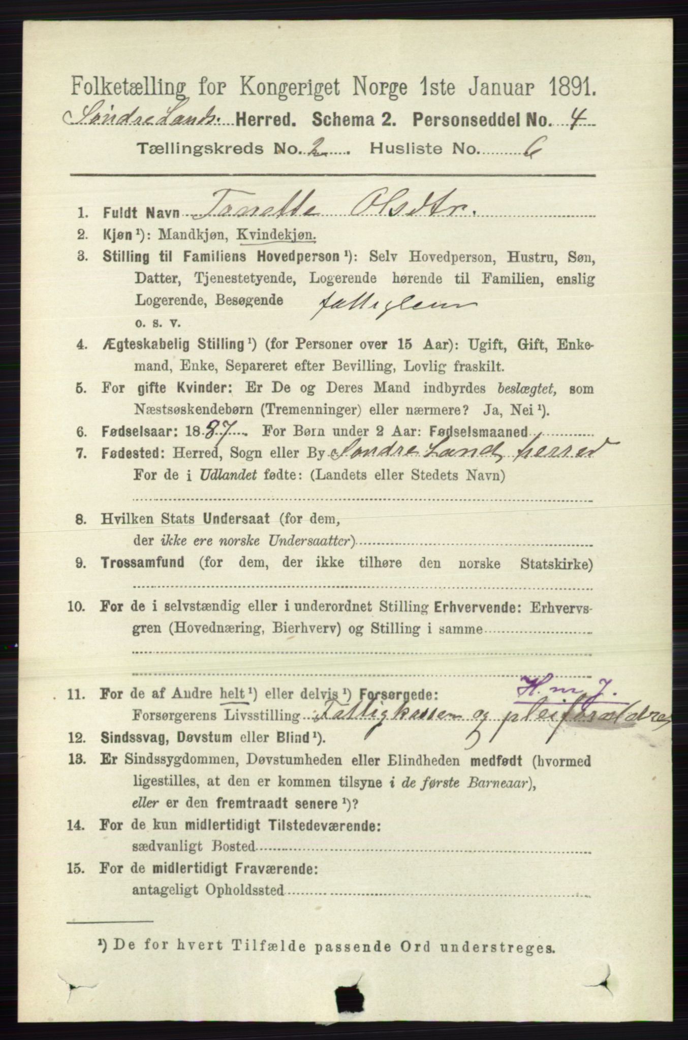 RA, 1891 census for 0536 Søndre Land, 1891, p. 1071