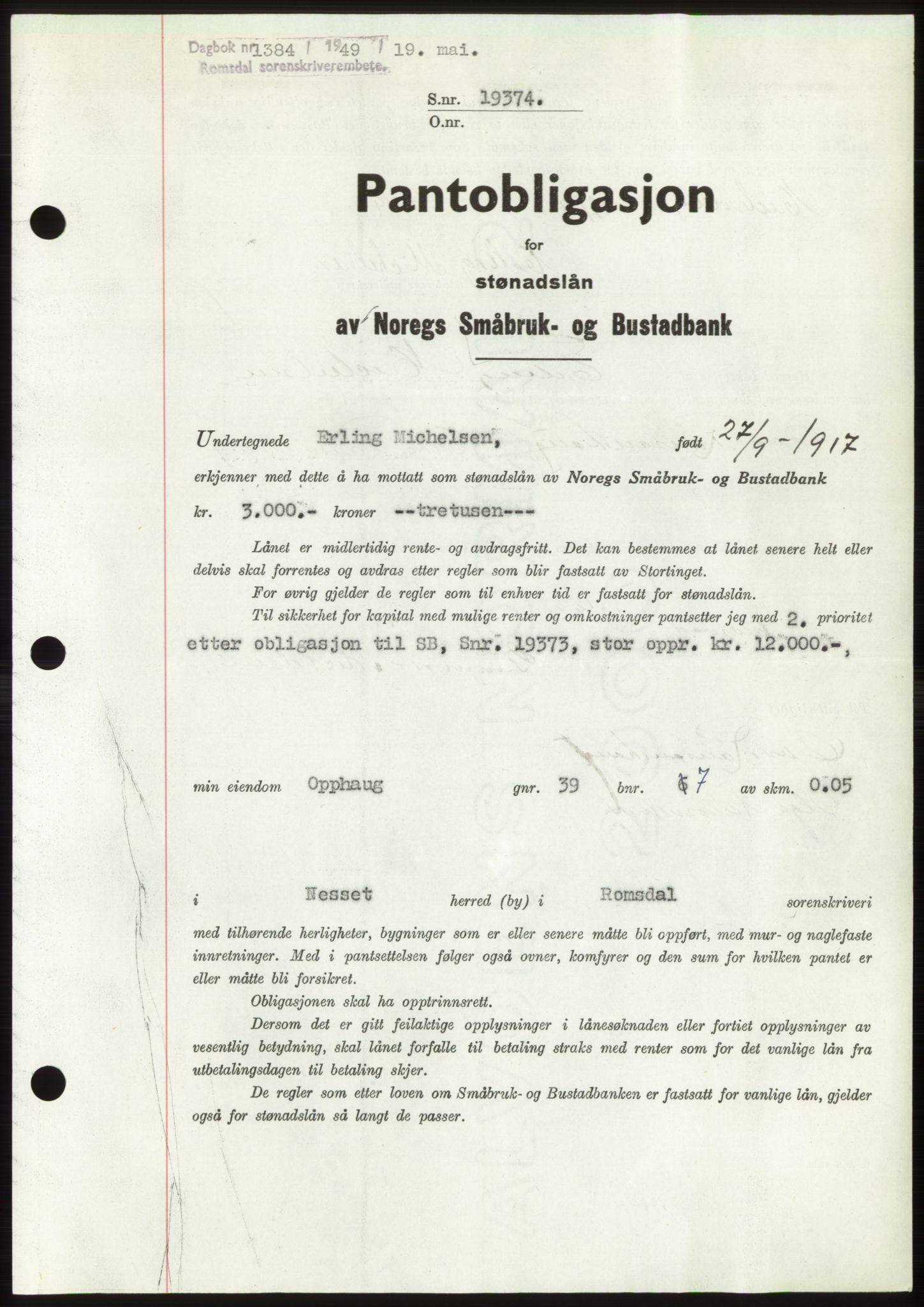 Romsdal sorenskriveri, AV/SAT-A-4149/1/2/2C: Mortgage book no. B4, 1948-1949, Diary no: : 1384/1949