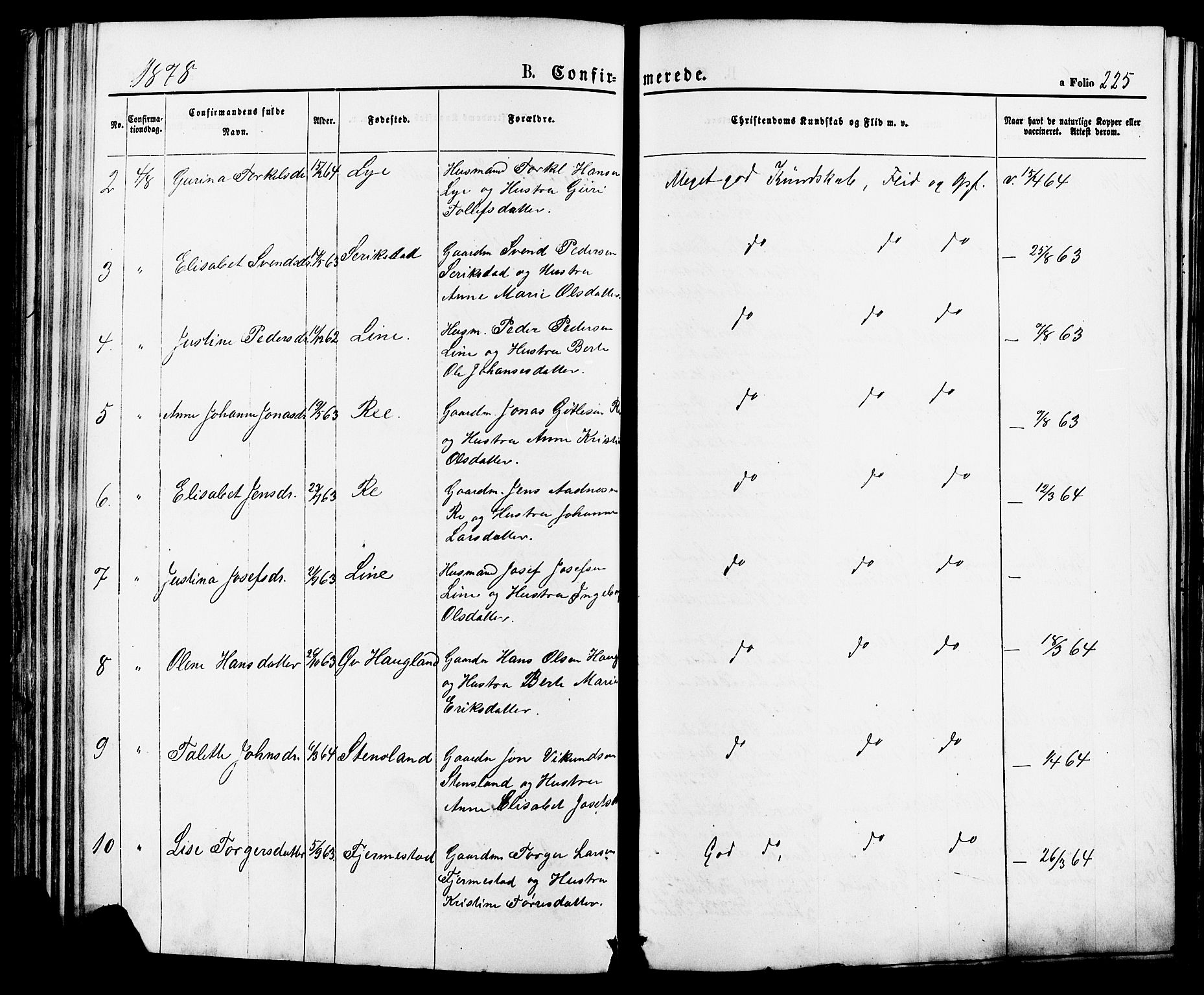 Lye sokneprestkontor, AV/SAST-A-101794/001/30BA/L0008: Parish register (official) no. A 7, 1872-1881, p. 225