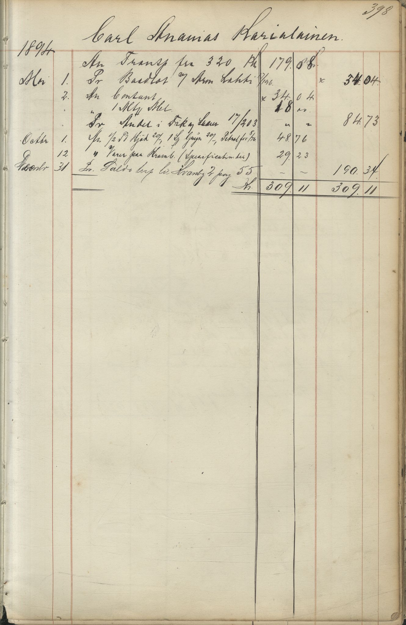 Brodtkorb handel A/S, VAMU/A-0001/F/Fc/L0001/0001: Konto for kvener og nordmenn på Kolahalvøya  / Conto for Kvæner og Nordmænd paa Russefinmarken No 1, 1868-1894, p. 398