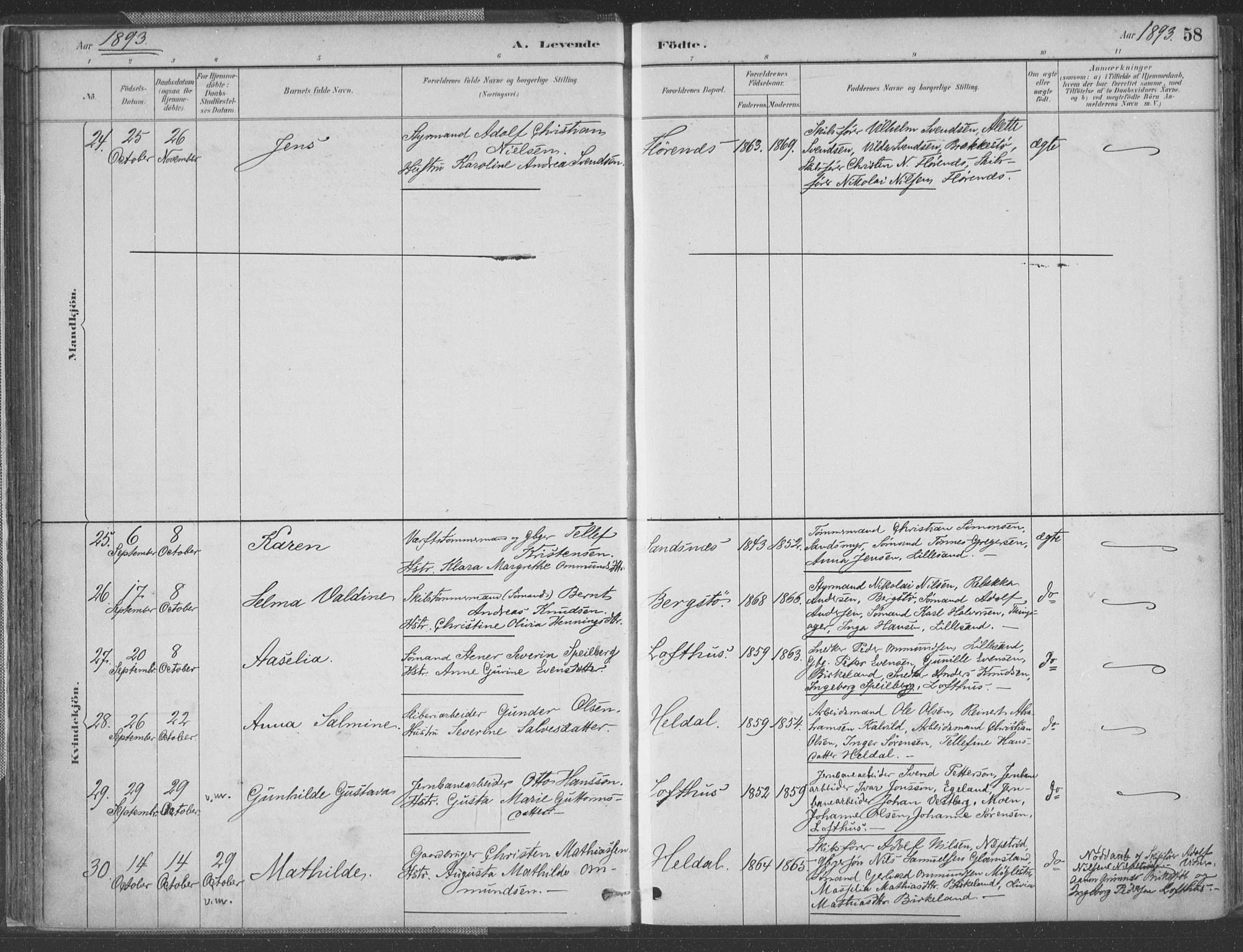 Vestre Moland sokneprestkontor, AV/SAK-1111-0046/F/Fa/Fab/L0009: Parish register (official) no. A 9, 1884-1899, p. 58