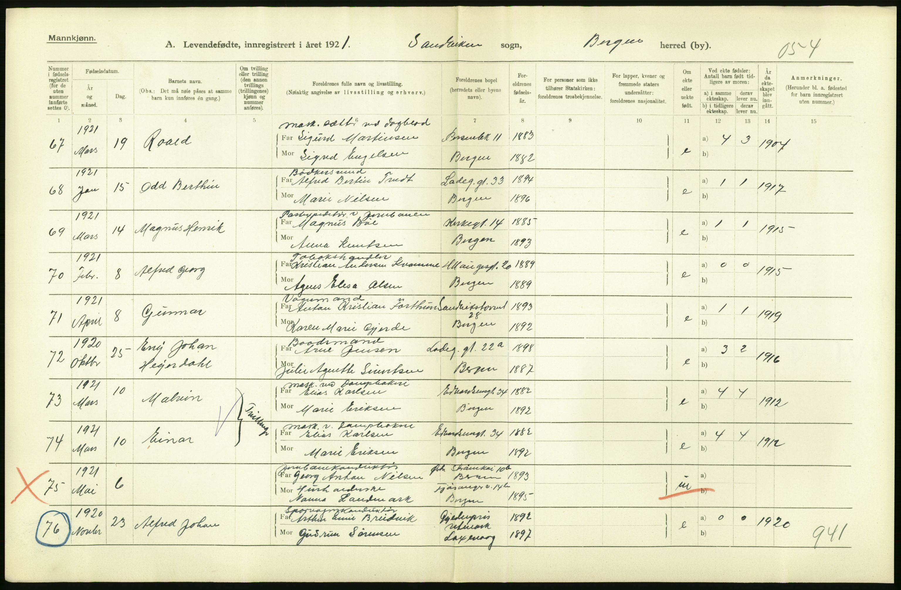 Statistisk sentralbyrå, Sosiodemografiske emner, Befolkning, AV/RA-S-2228/D/Df/Dfc/Dfca/L0034: Bergen: Levendefødte menn og kvinner., 1921, p. 22