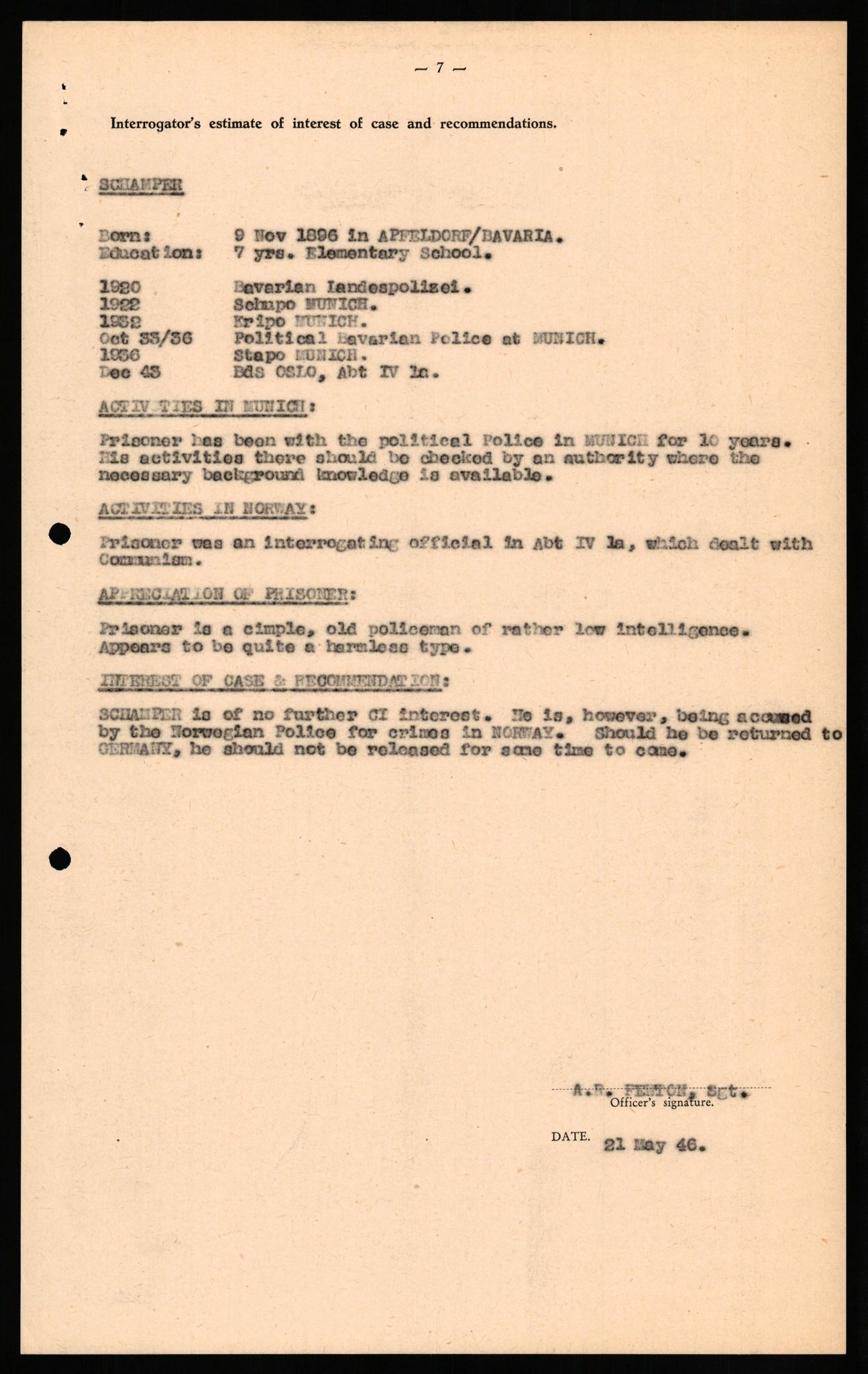 Forsvaret, Forsvarets overkommando II, AV/RA-RAFA-3915/D/Db/L0029: CI Questionaires. Tyske okkupasjonsstyrker i Norge. Tyskere., 1945-1946, p. 65