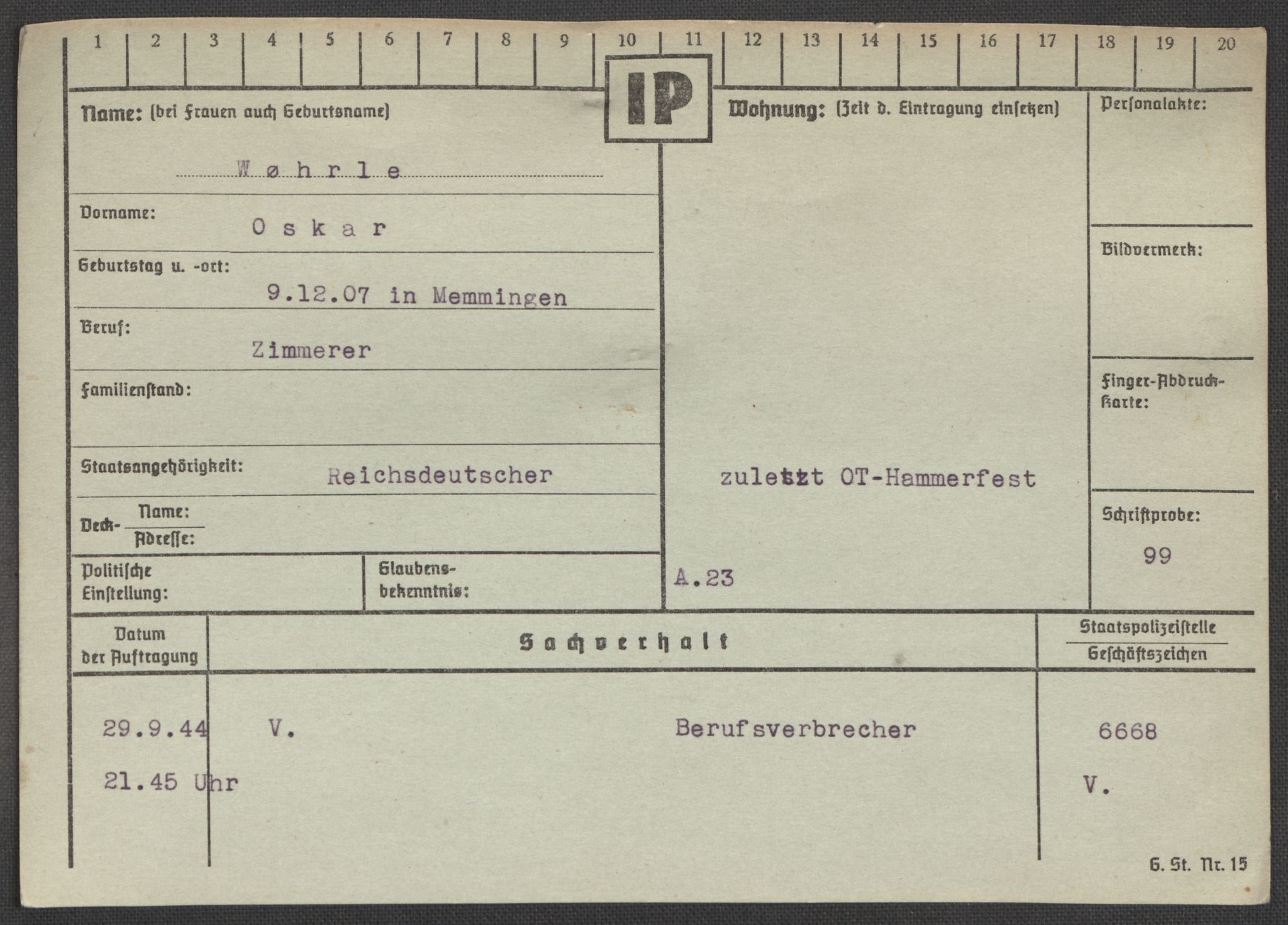 Befehlshaber der Sicherheitspolizei und des SD, AV/RA-RAFA-5969/E/Ea/Eaa/L0010: Register over norske fanger i Møllergata 19: Sø-Å, 1940-1945, p. 1154