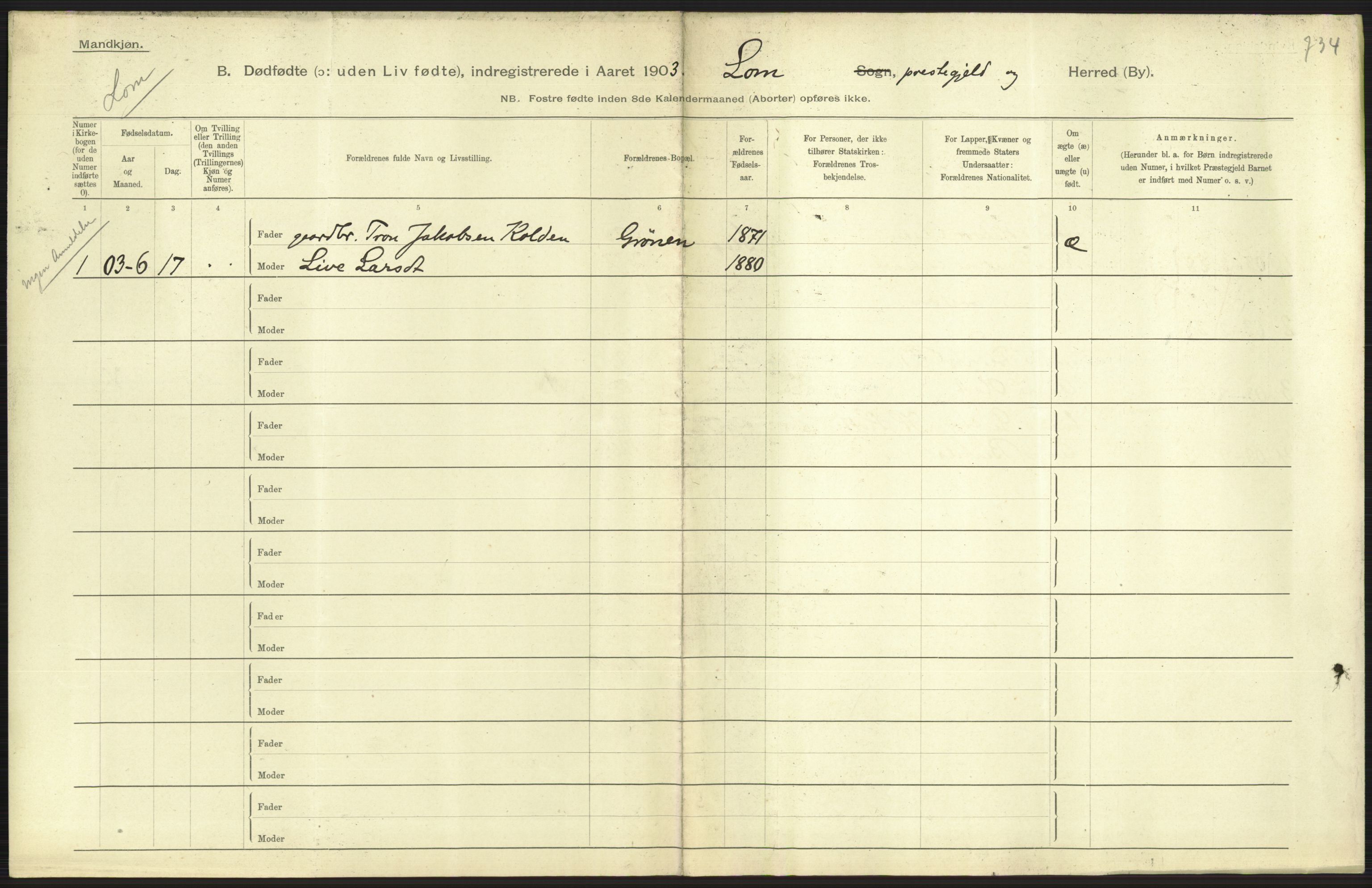 Statistisk sentralbyrå, Sosiodemografiske emner, Befolkning, AV/RA-S-2228/D/Df/Dfa/Dfaa/L0024: Smålenenes - Stavanger amt: Dødfødte. Bygder., 1903, p. 213