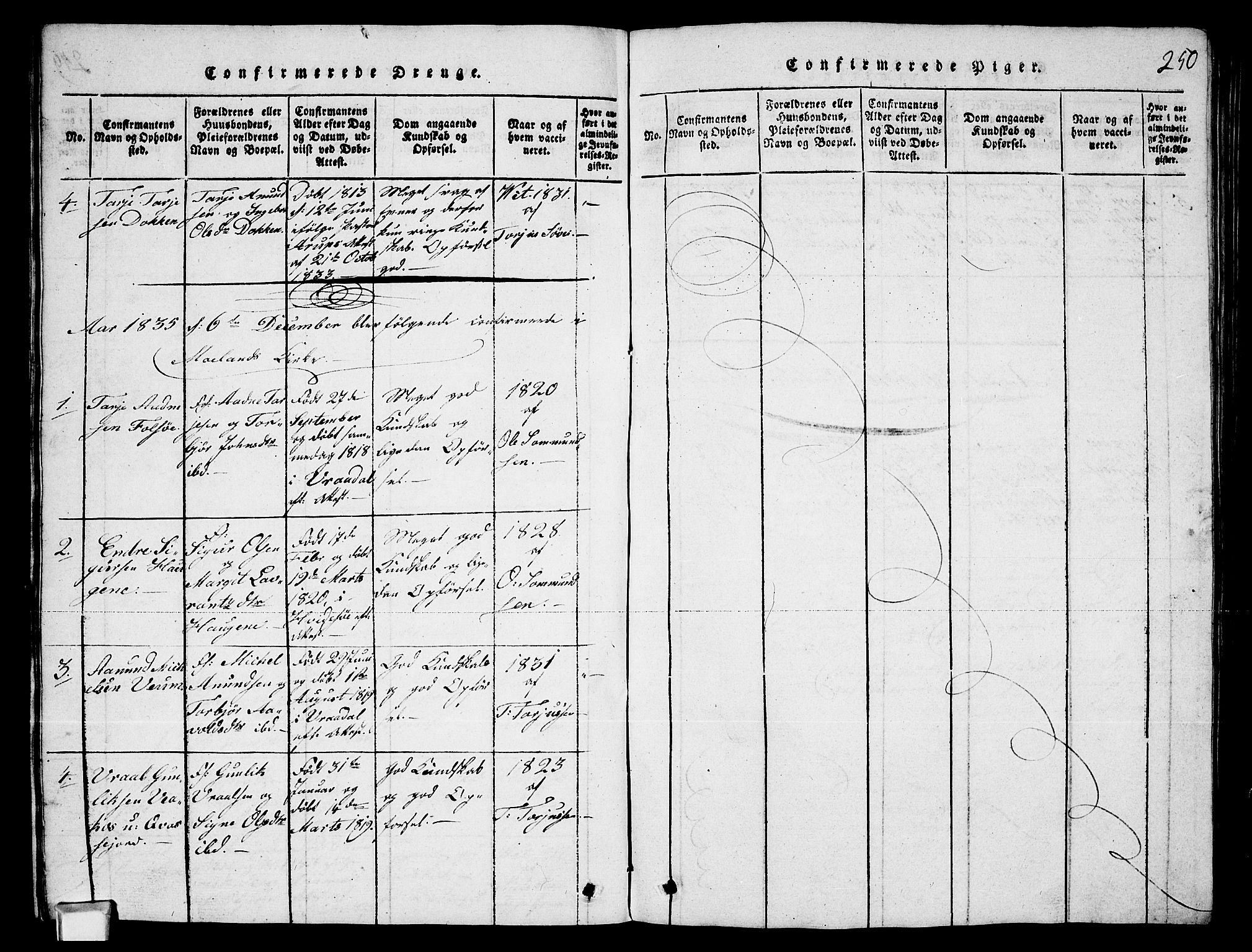 Fyresdal kirkebøker, SAKO/A-263/G/Ga/L0003: Parish register (copy) no. I 3, 1815-1863, p. 250