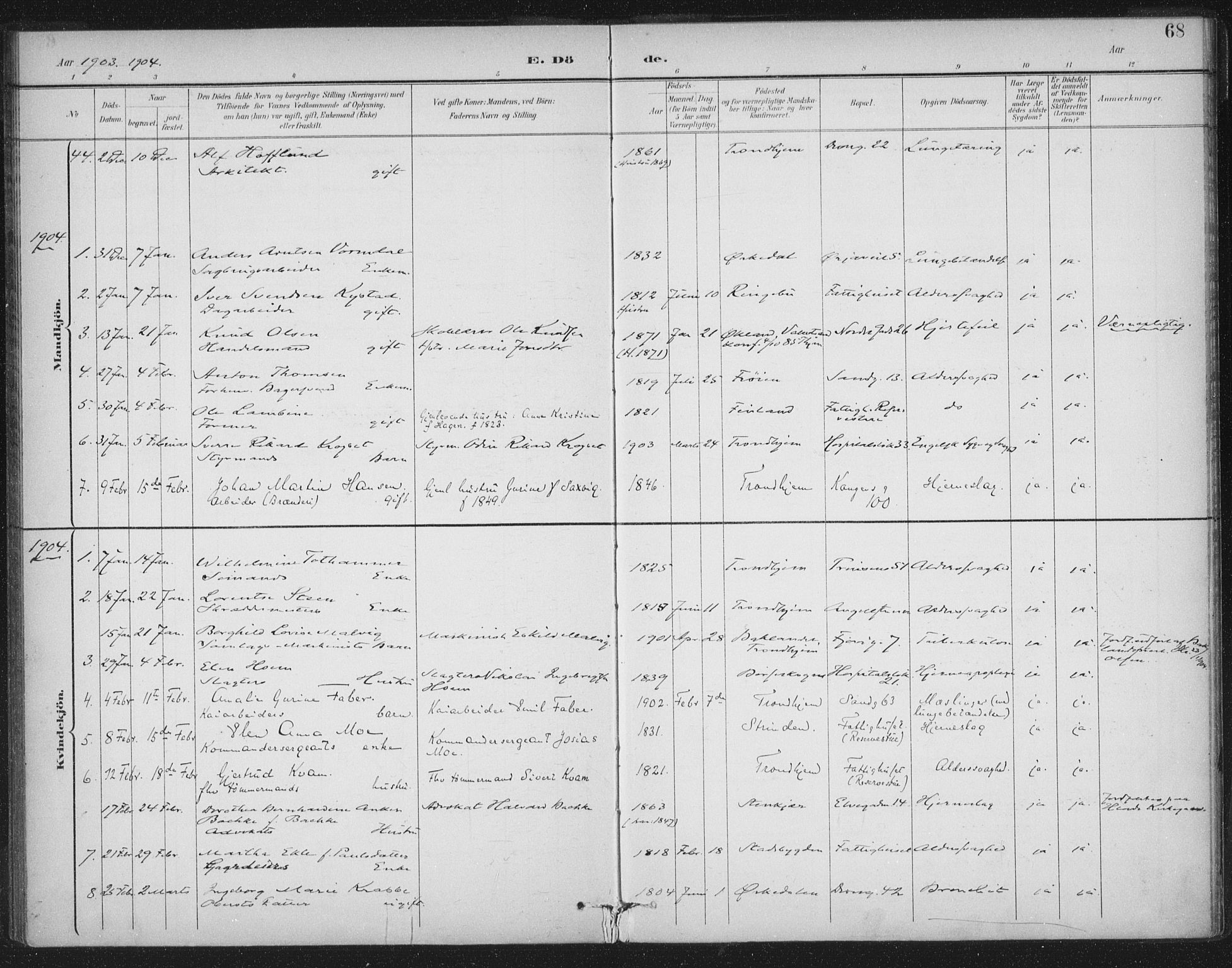 Ministerialprotokoller, klokkerbøker og fødselsregistre - Sør-Trøndelag, AV/SAT-A-1456/602/L0123: Parish register (official) no. 602A21, 1895-1910, p. 68