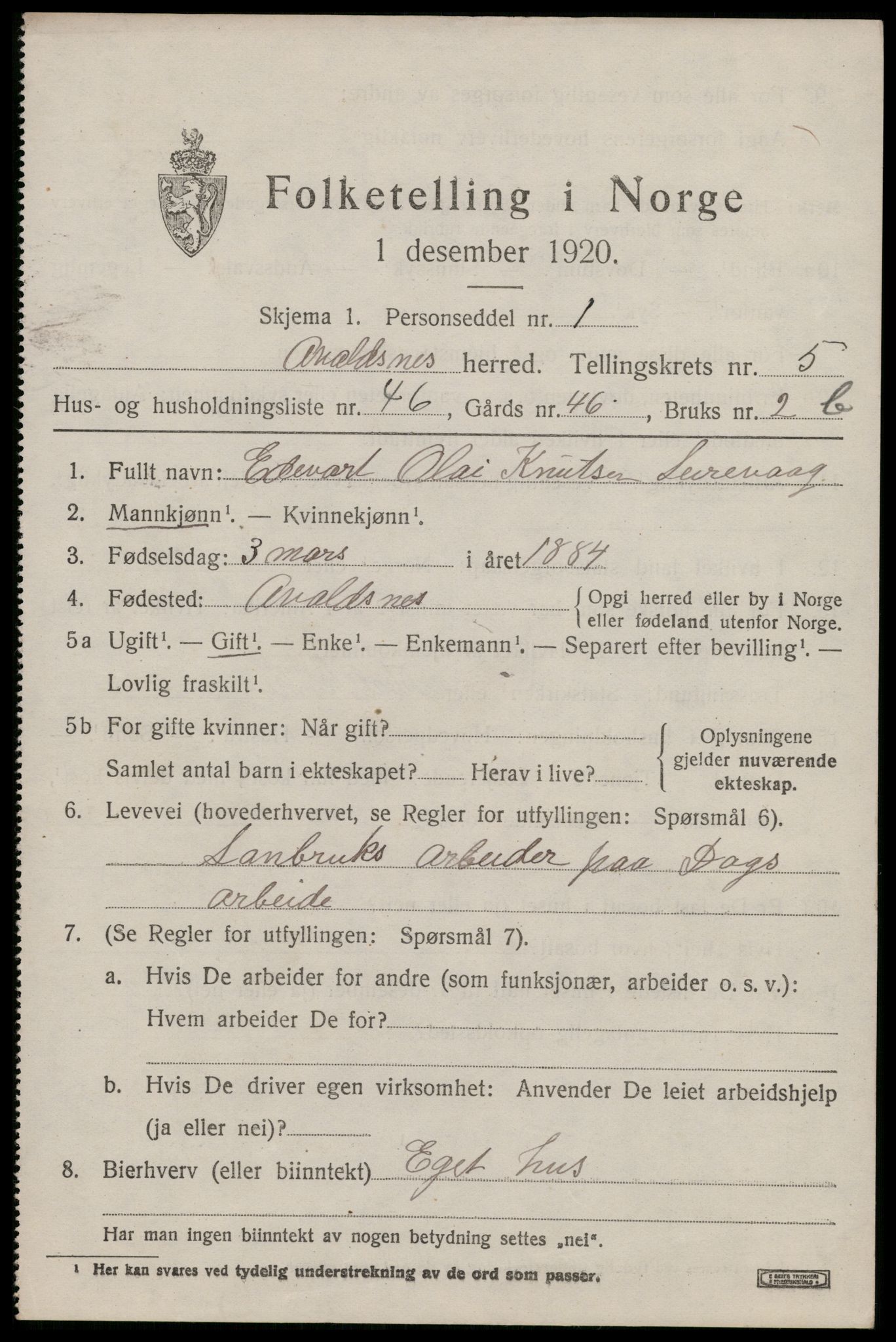 SAST, 1920 census for Avaldsnes, 1920, p. 5649