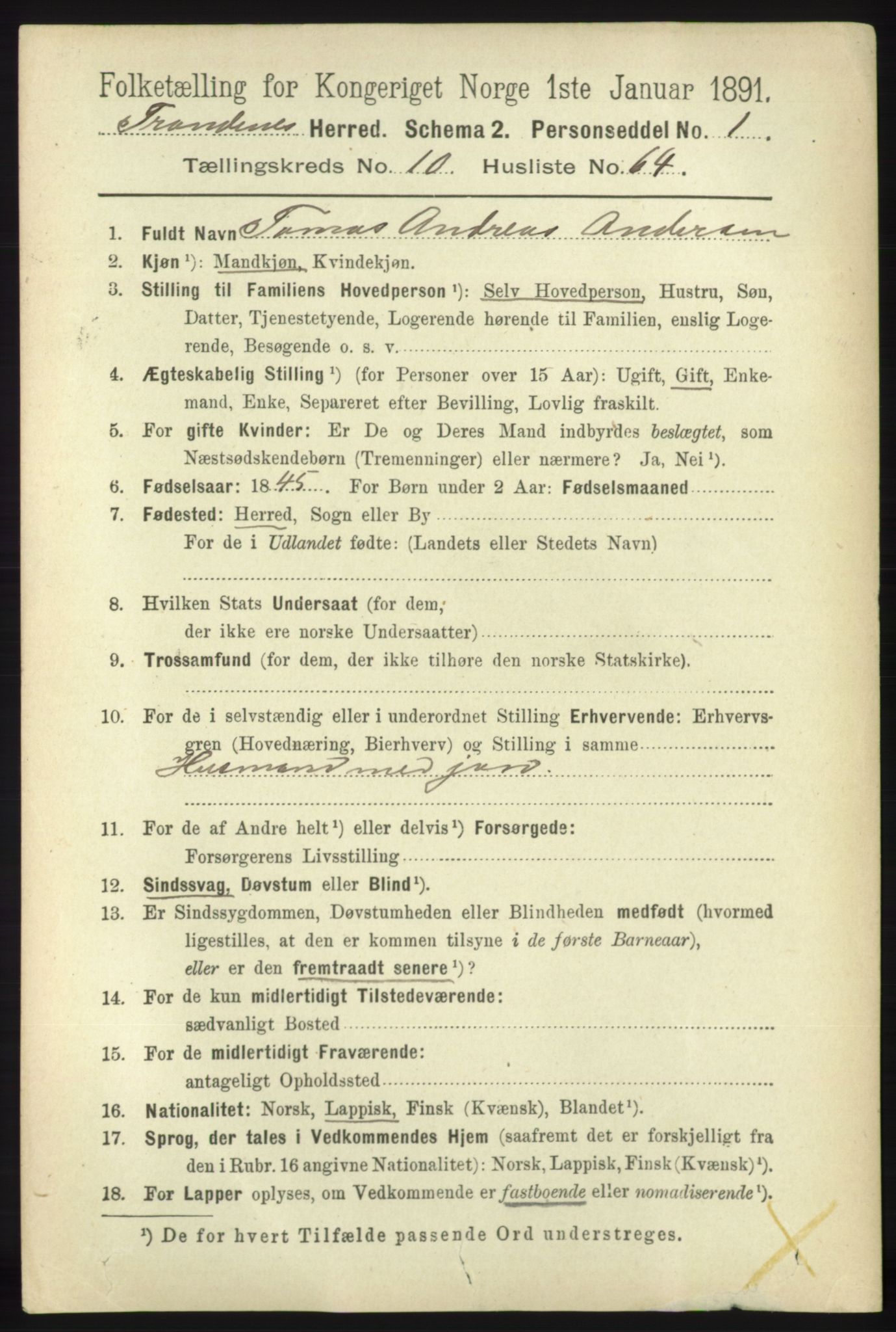 RA, 1891 census for 1914 Trondenes, 1891, p. 7919