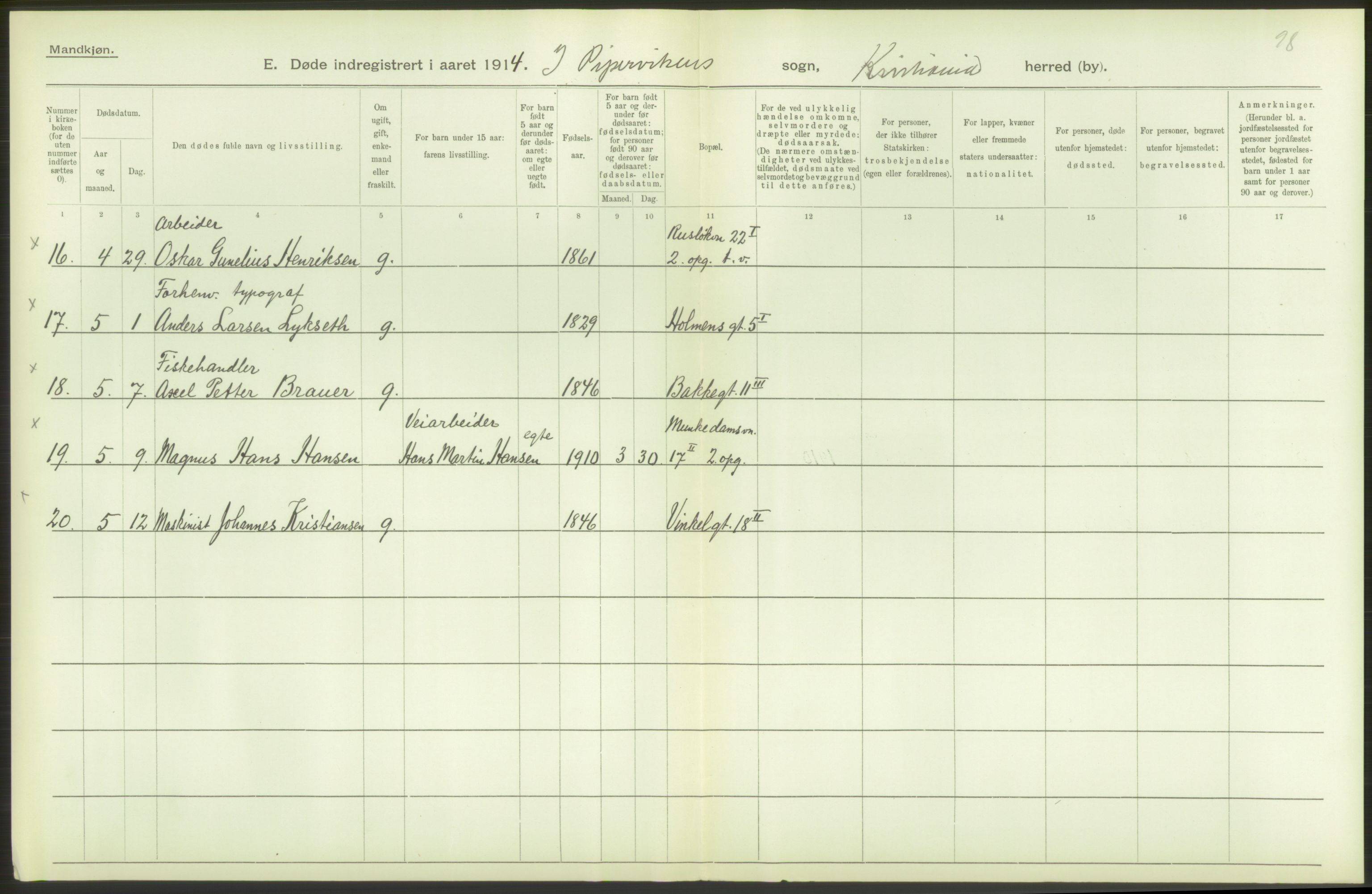 Statistisk sentralbyrå, Sosiodemografiske emner, Befolkning, AV/RA-S-2228/D/Df/Dfb/Dfbd/L0008: Kristiania: Døde, 1914, p. 50