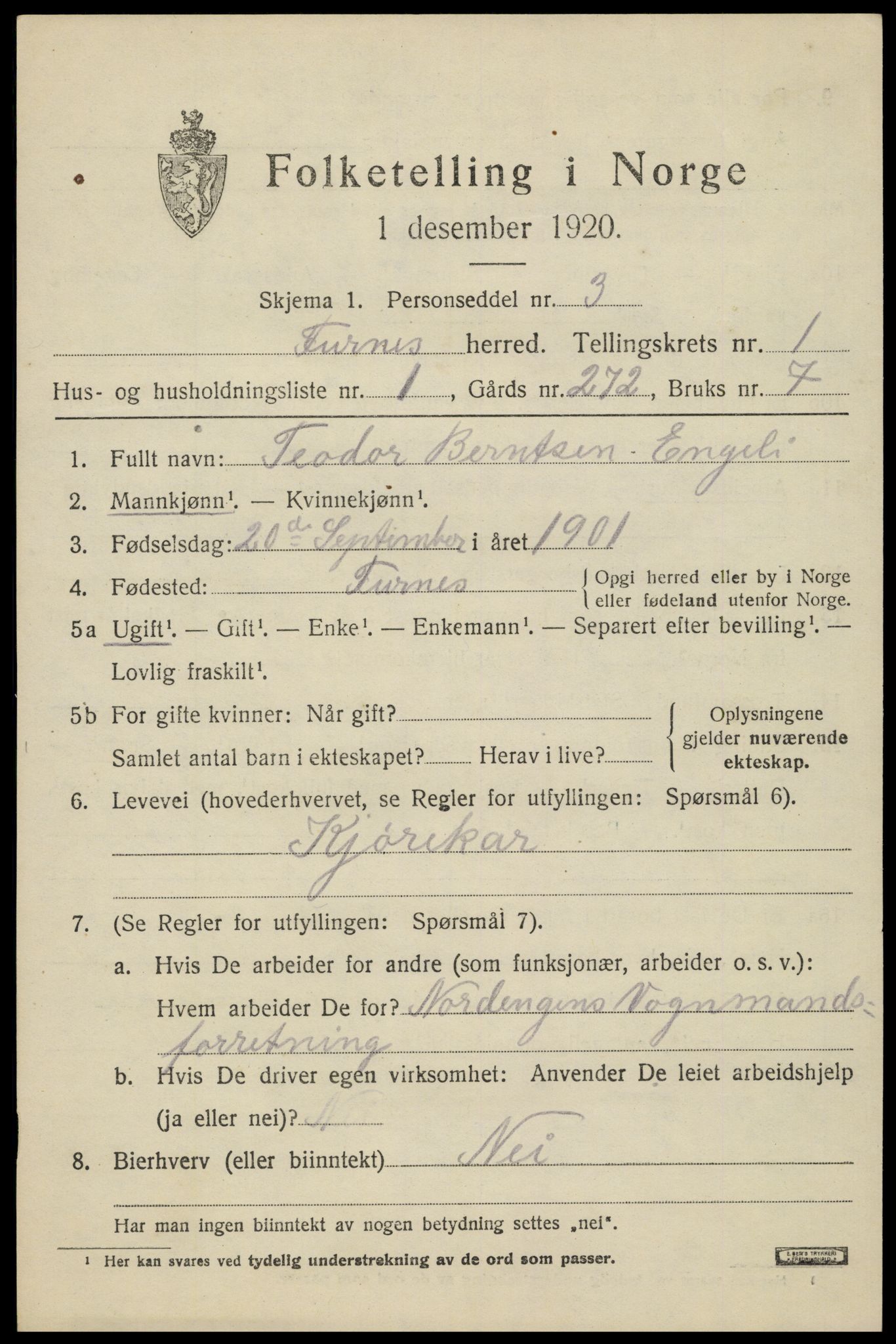 SAH, 1920 census for Furnes, 1920, p. 1673