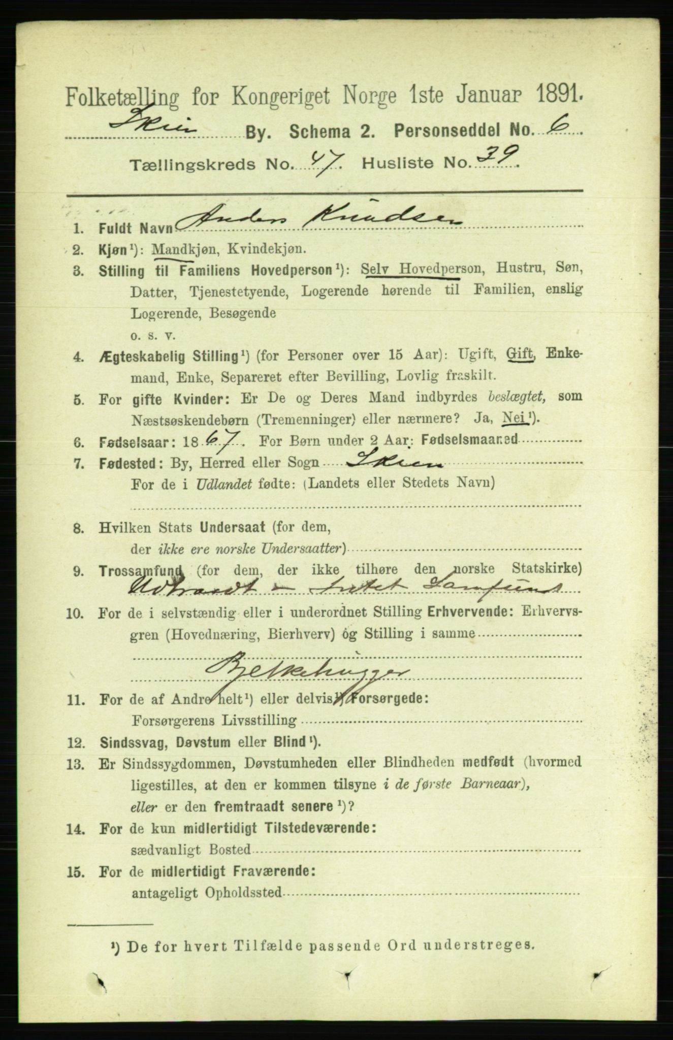 RA, 1891 census for 0806 Skien, 1891, p. 9547