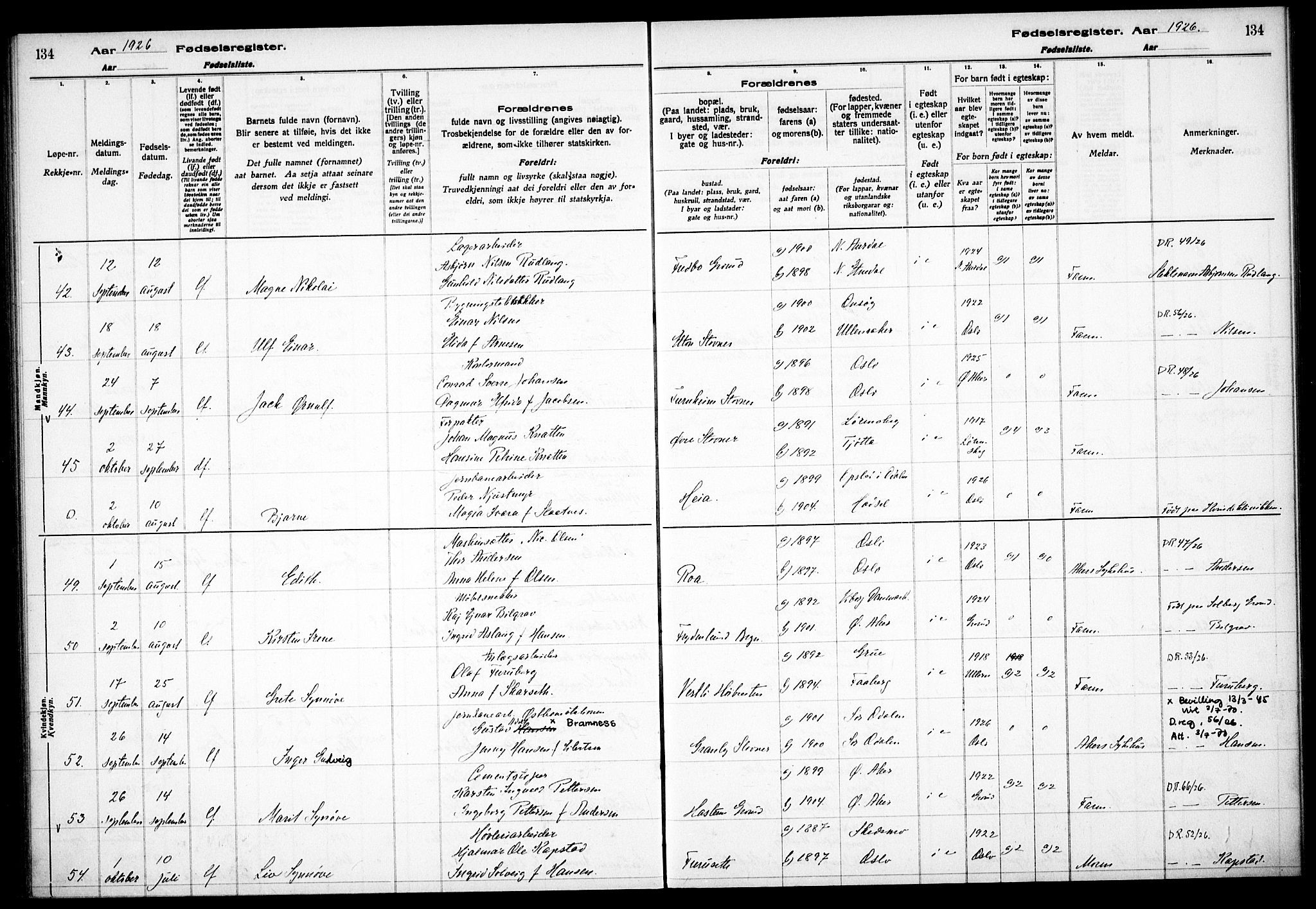 Østre Aker prestekontor Kirkebøker, AV/SAO-A-10840/J/Jb/L0001: Birth register no. II 1, 1916-1932, p. 134