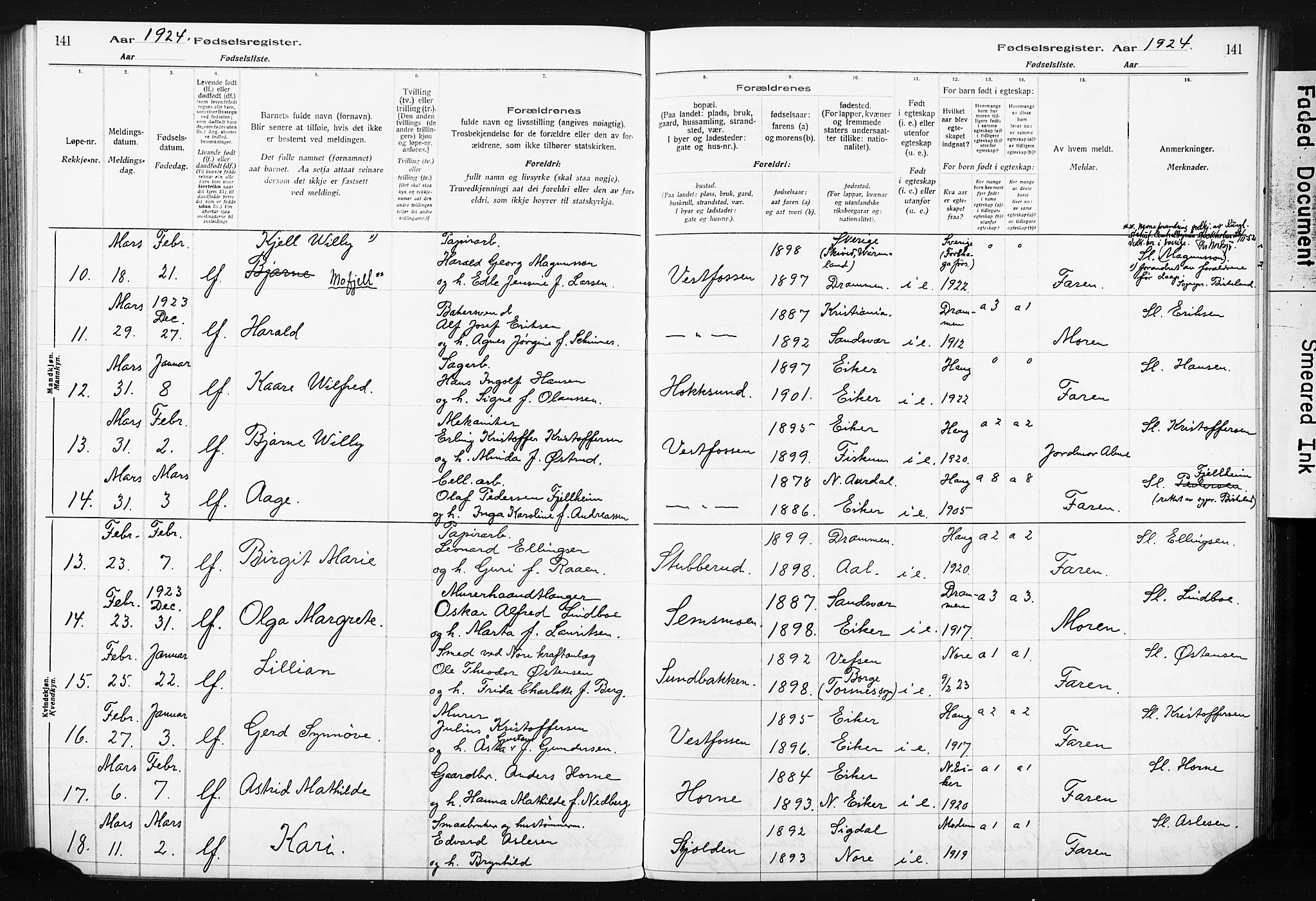 Eiker kirkebøker, AV/SAKO-A-4/J/Ja/L0001: Birth register no. I 1, 1916-1927, p. 141