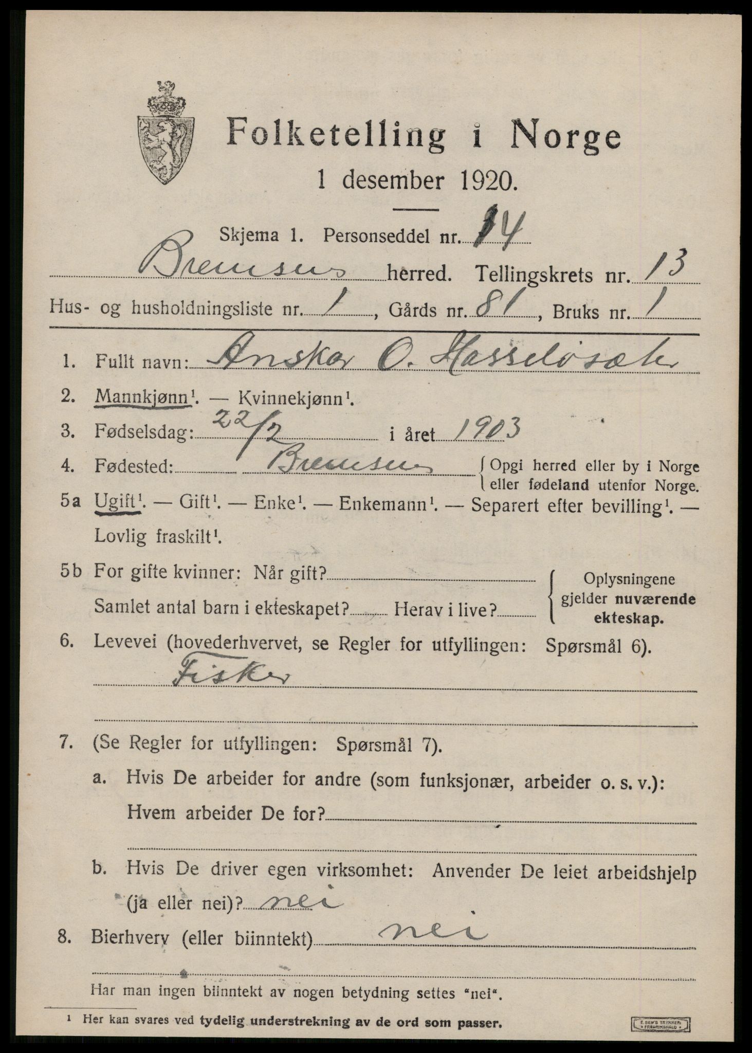 SAT, 1920 census for Bremsnes, 1920, p. 10093