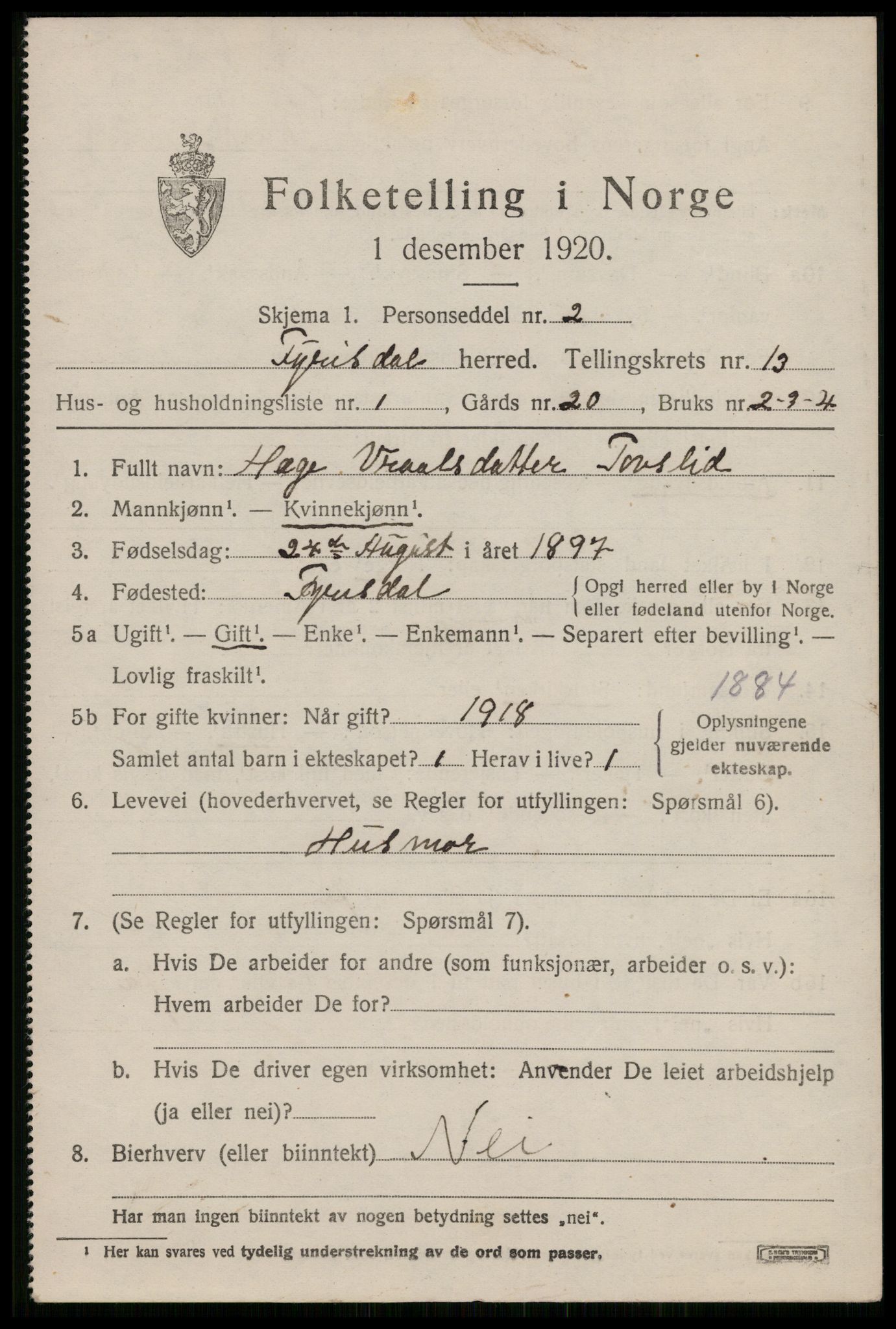 SAKO, 1920 census for Fyresdal, 1920, p. 4265