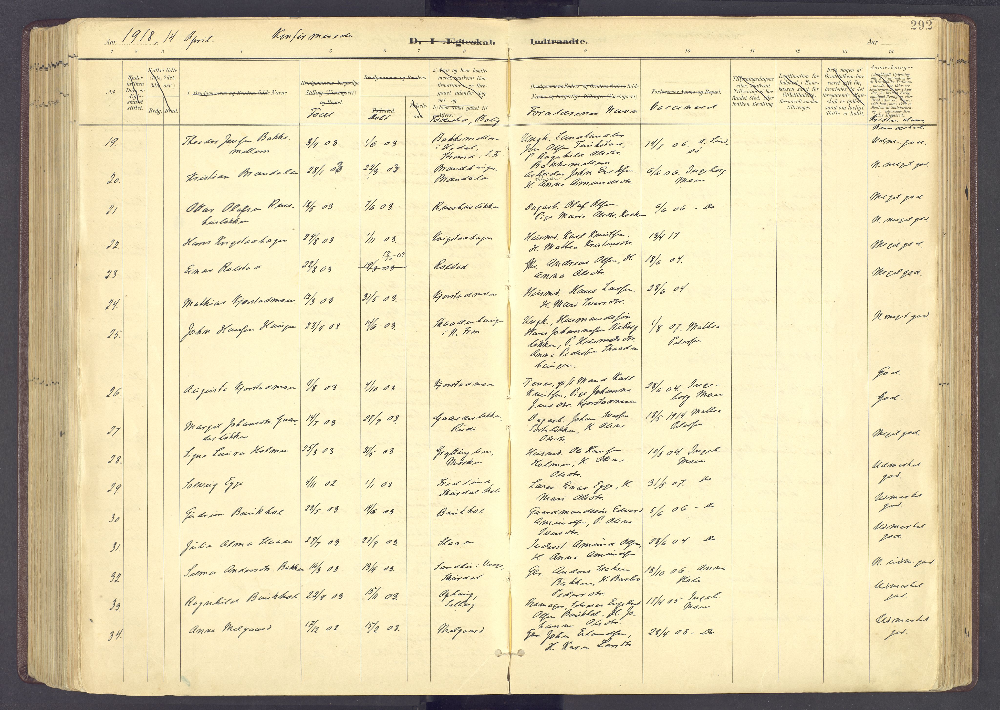 Sør-Fron prestekontor, AV/SAH-PREST-010/H/Ha/Haa/L0004: Parish register (official) no. 4, 1898-1919, p. 292