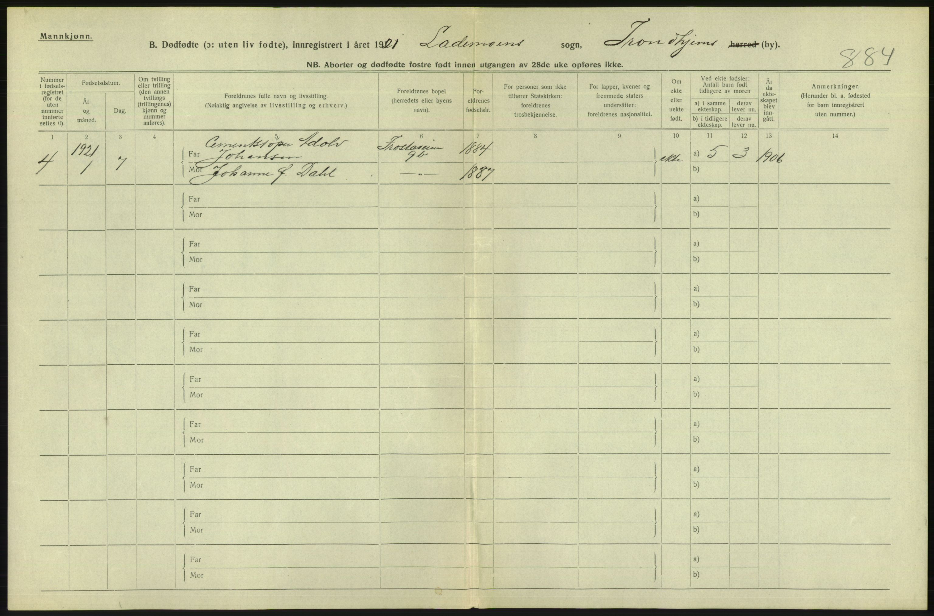 Statistisk sentralbyrå, Sosiodemografiske emner, Befolkning, RA/S-2228/D/Df/Dfc/Dfca/L0046: Trondheim: Døde, dødfødte., 1921, p. 276