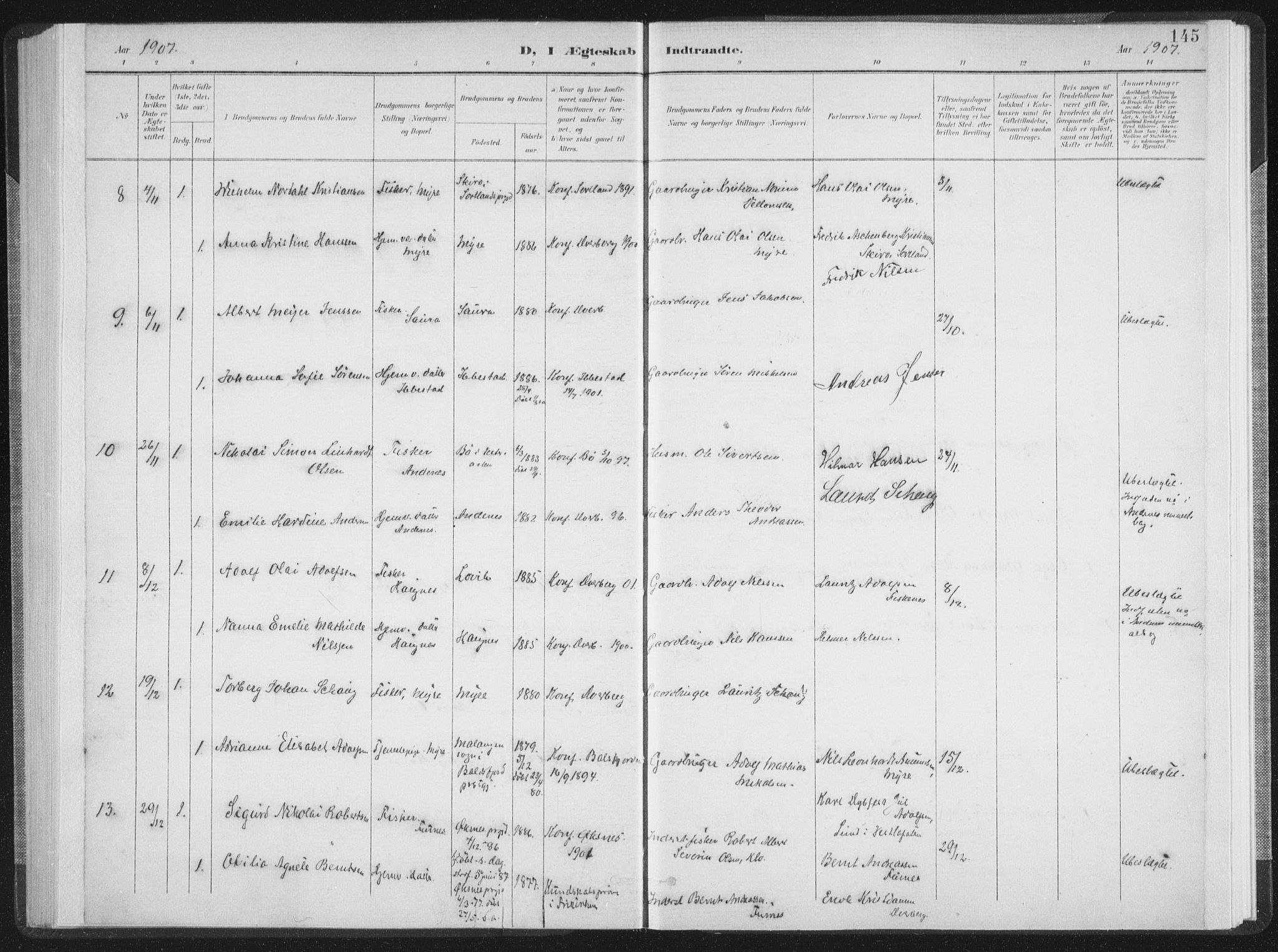 Ministerialprotokoller, klokkerbøker og fødselsregistre - Nordland, AV/SAT-A-1459/897/L1400: Parish register (official) no. 897A07, 1897-1908, p. 145