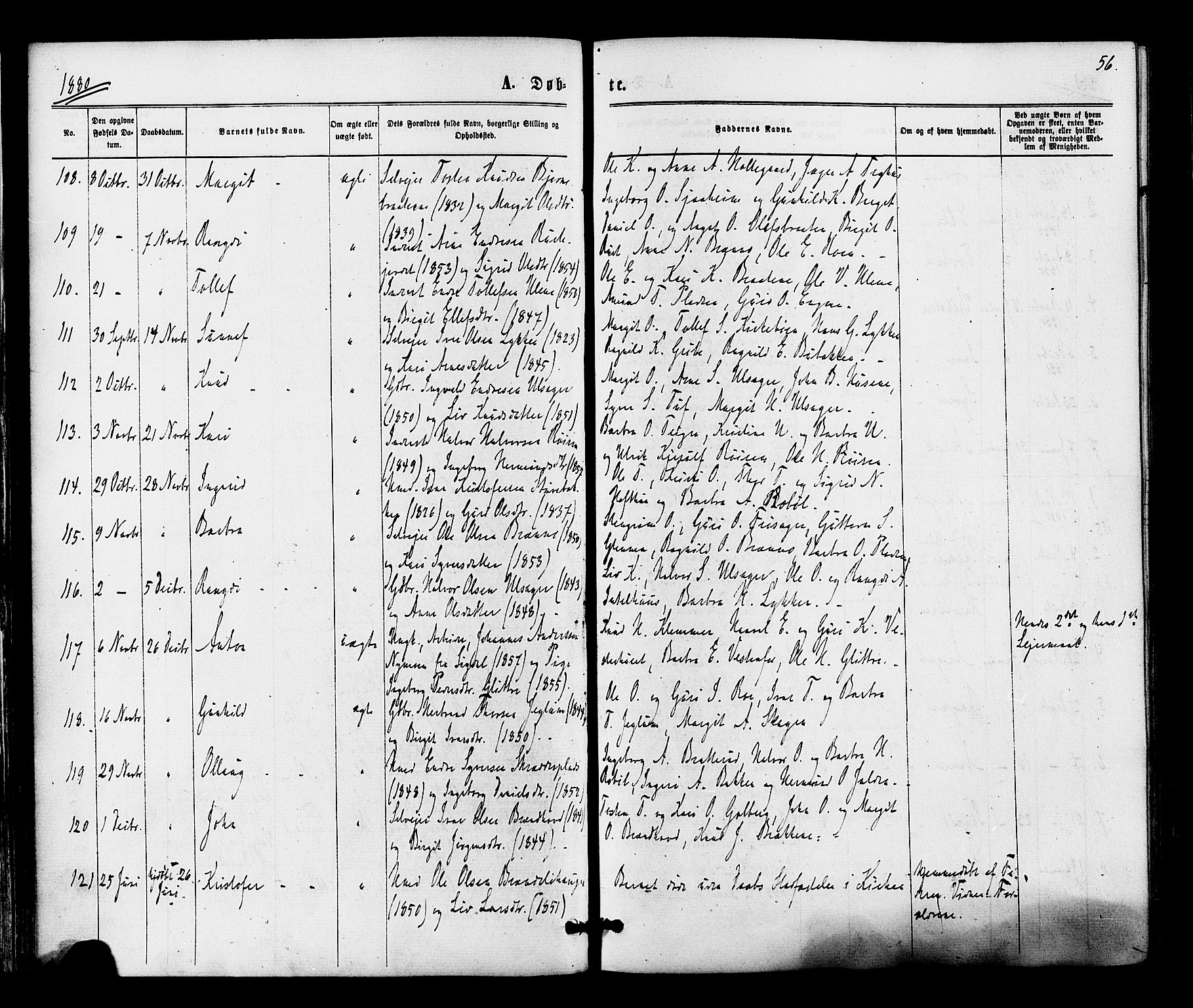 Gol kirkebøker, SAKO/A-226/F/Fa/L0004: Parish register (official) no. I 4, 1876-1886, p. 56