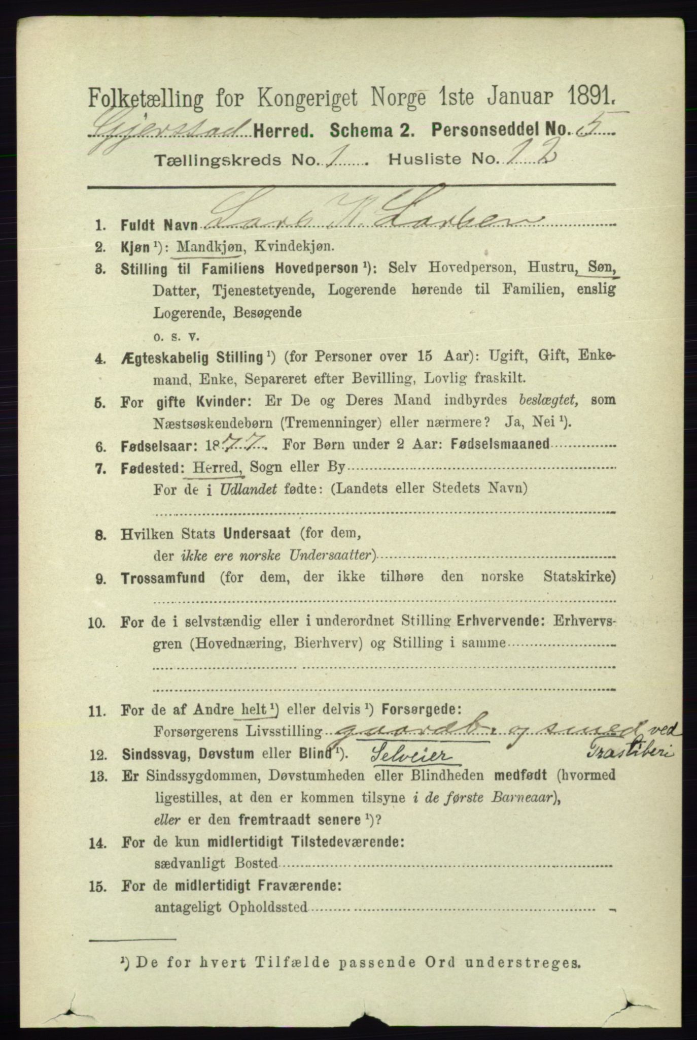 RA, 1891 census for 0911 Gjerstad, 1891, p. 186