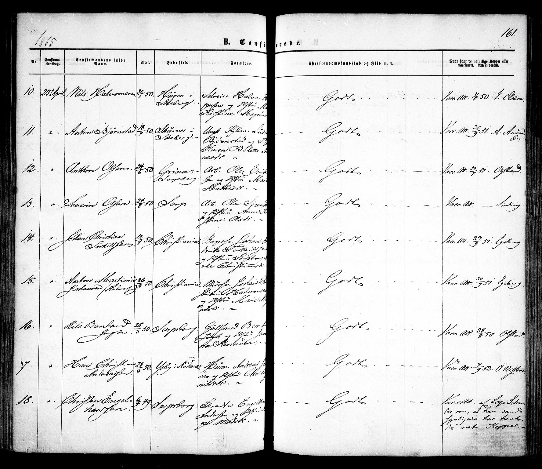 Sarpsborg prestekontor Kirkebøker, AV/SAO-A-2006/F/Fa/L0001: Parish register (official) no. 1, 1859-1868, p. 161