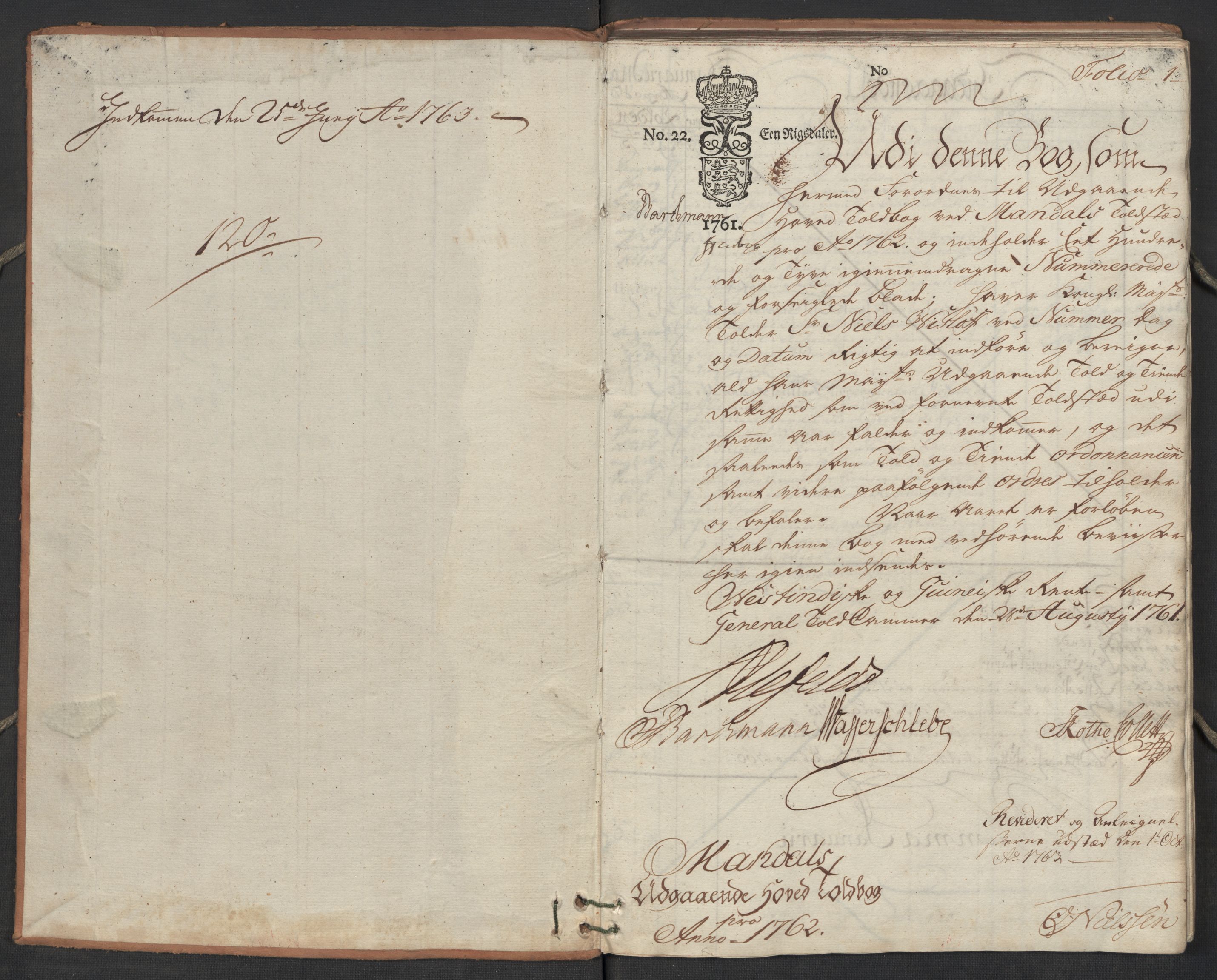 Generaltollkammeret, tollregnskaper, AV/RA-EA-5490/R17/L0023/0005: Tollregnskaper Mandal / Utgående hovedtollbok, 1762, p. 1a