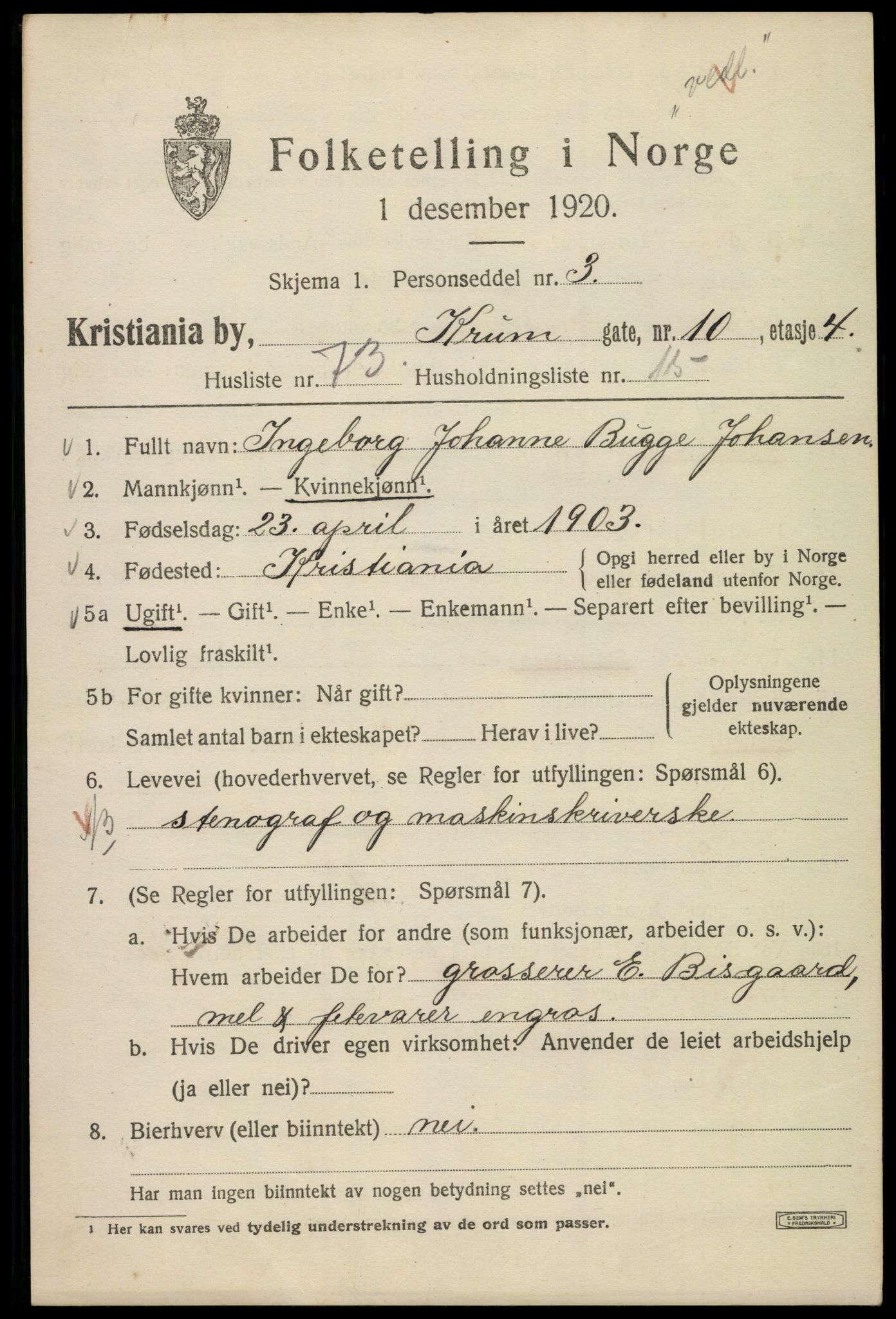 SAO, 1920 census for Kristiania, 1920, p. 354329