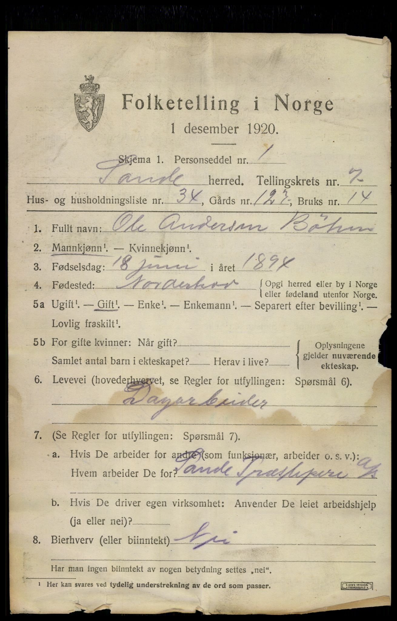 SAKO, 1920 census for Sande, 1920, p. 8386