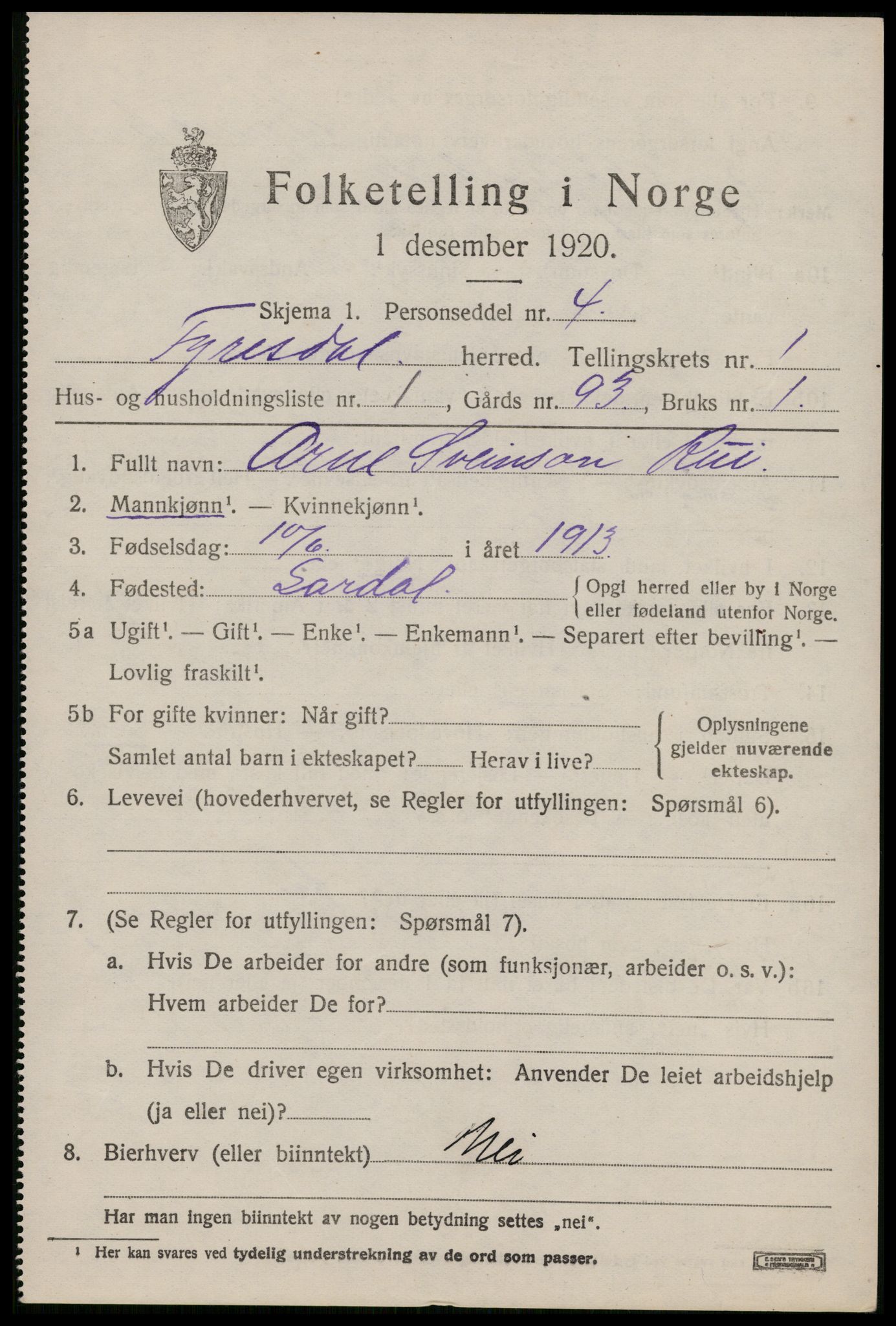 SAKO, 1920 census for Fyresdal, 1920, p. 971