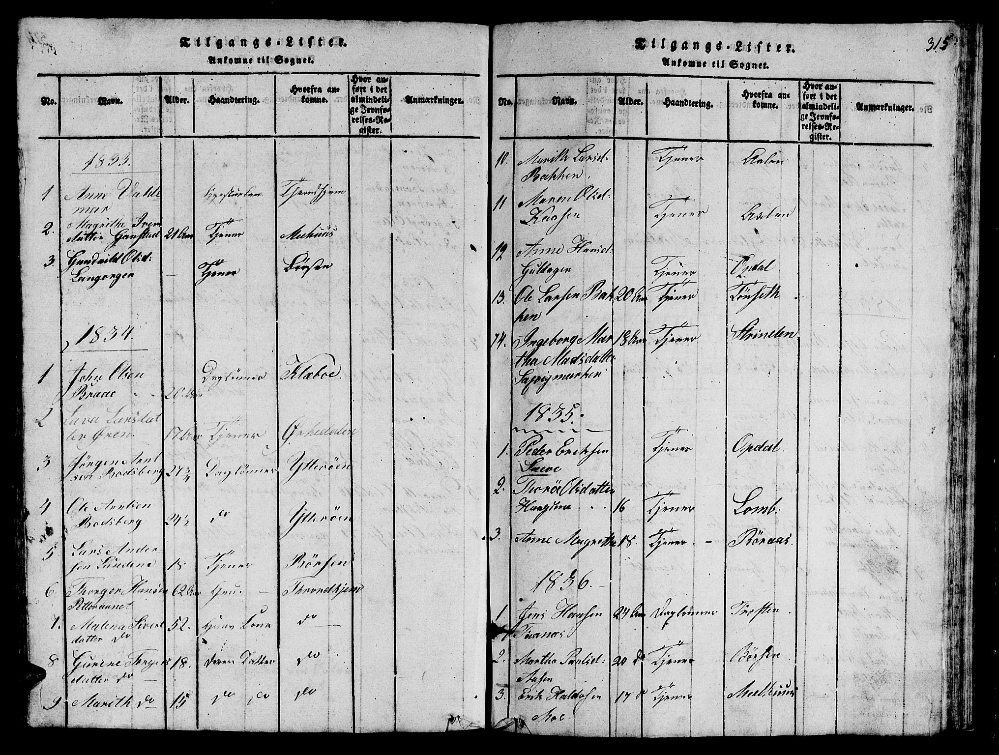 Ministerialprotokoller, klokkerbøker og fødselsregistre - Sør-Trøndelag, SAT/A-1456/612/L0385: Parish register (copy) no. 612C01, 1816-1845, p. 315