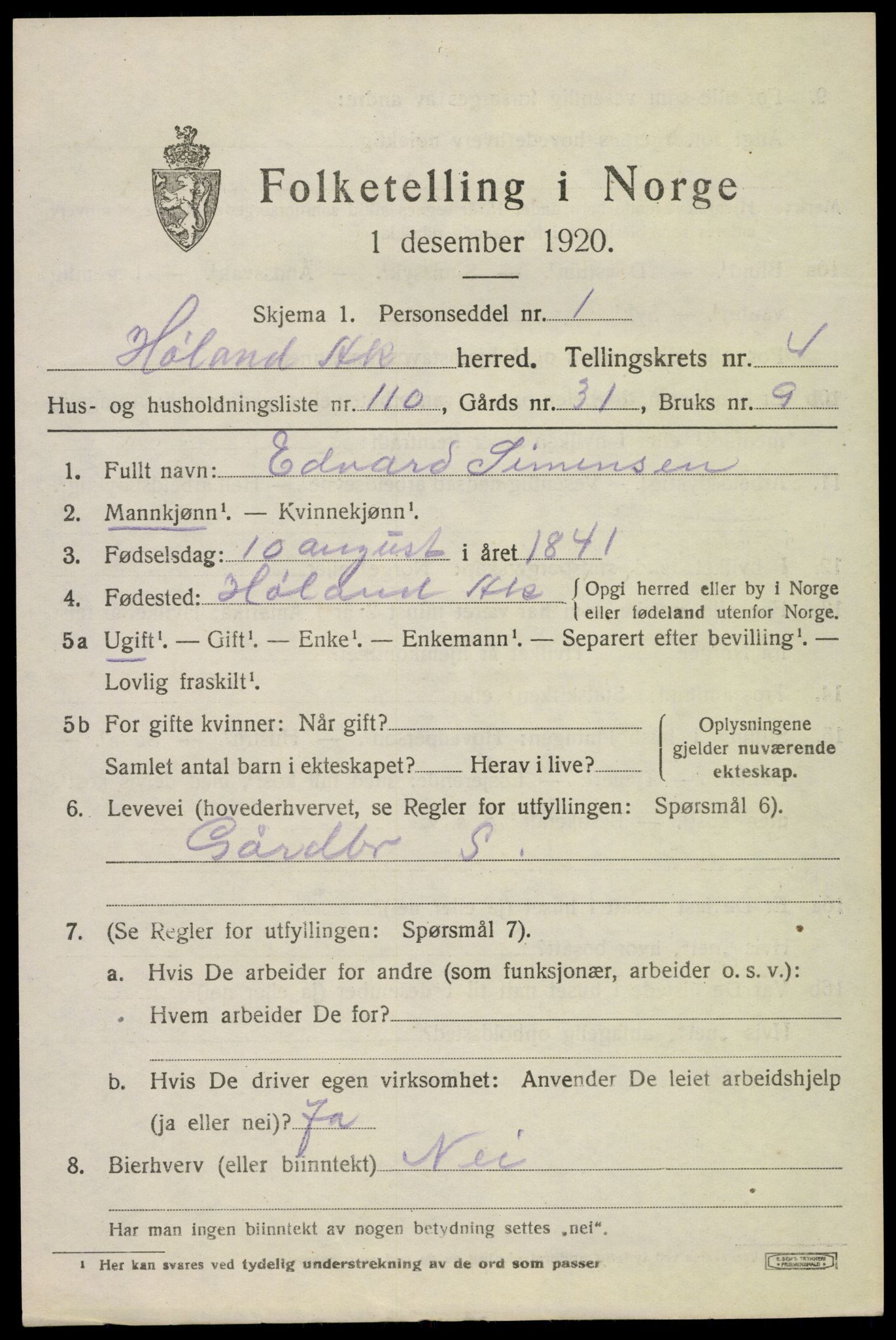 SAO, 1920 census for Høland, 1920, p. 7163