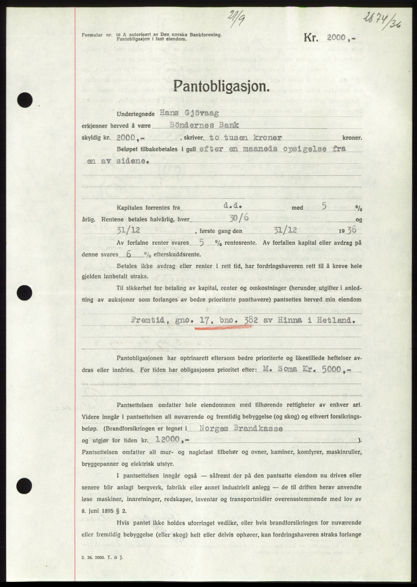 Jæren sorenskriveri, AV/SAST-A-100310/03/G/Gba/L0066: Mortgage book no. 71-72, 1936-1936, Diary no: : 2874/1936