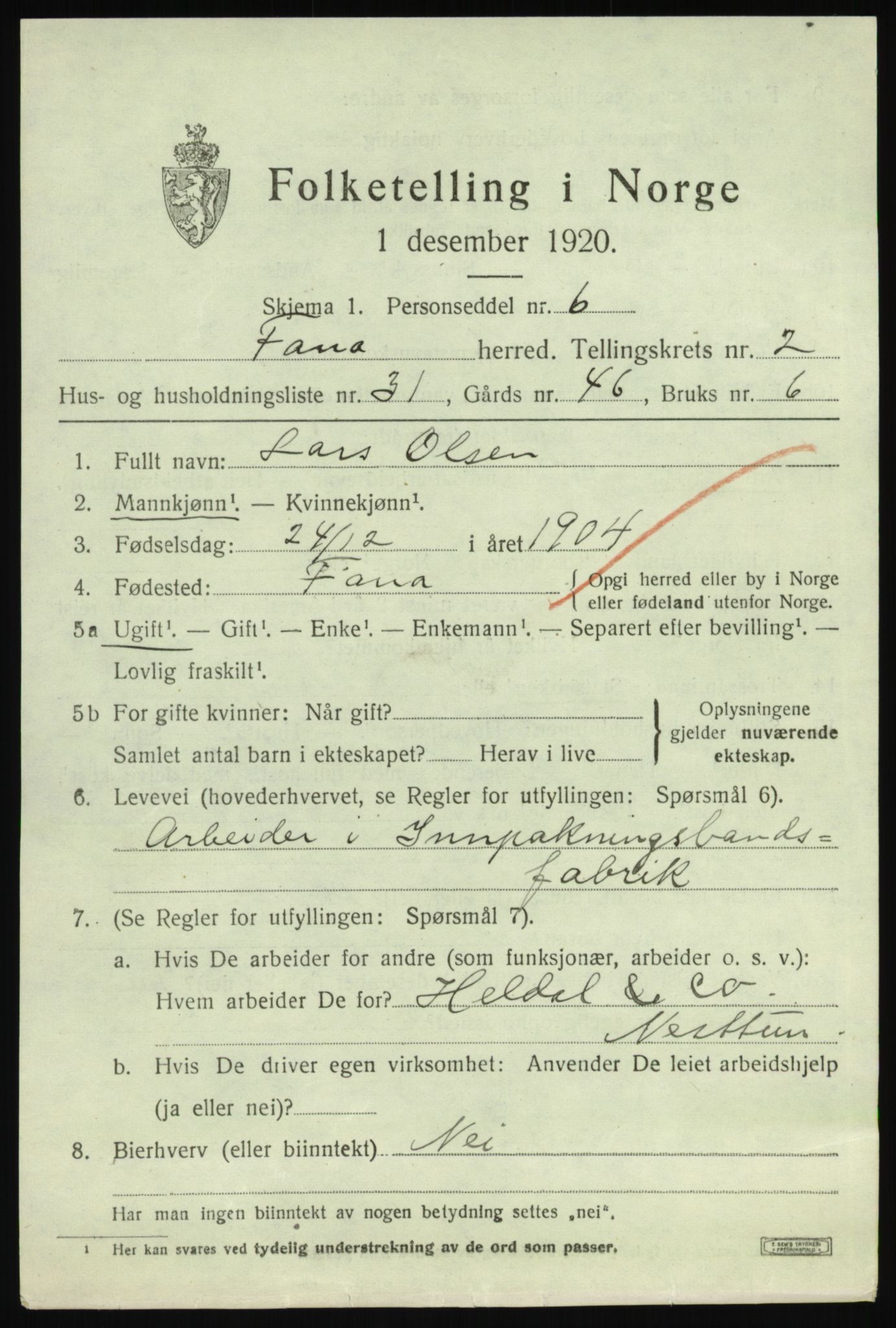 SAB, 1920 census for Fana, 1920, p. 4839