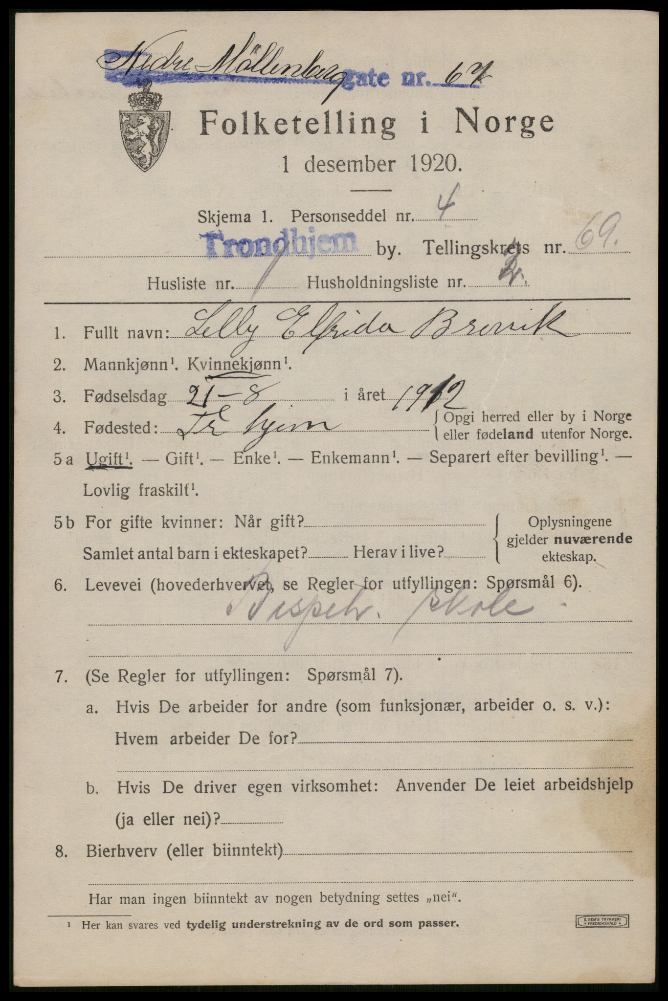 SAT, 1920 census for Trondheim, 1920, p. 135908