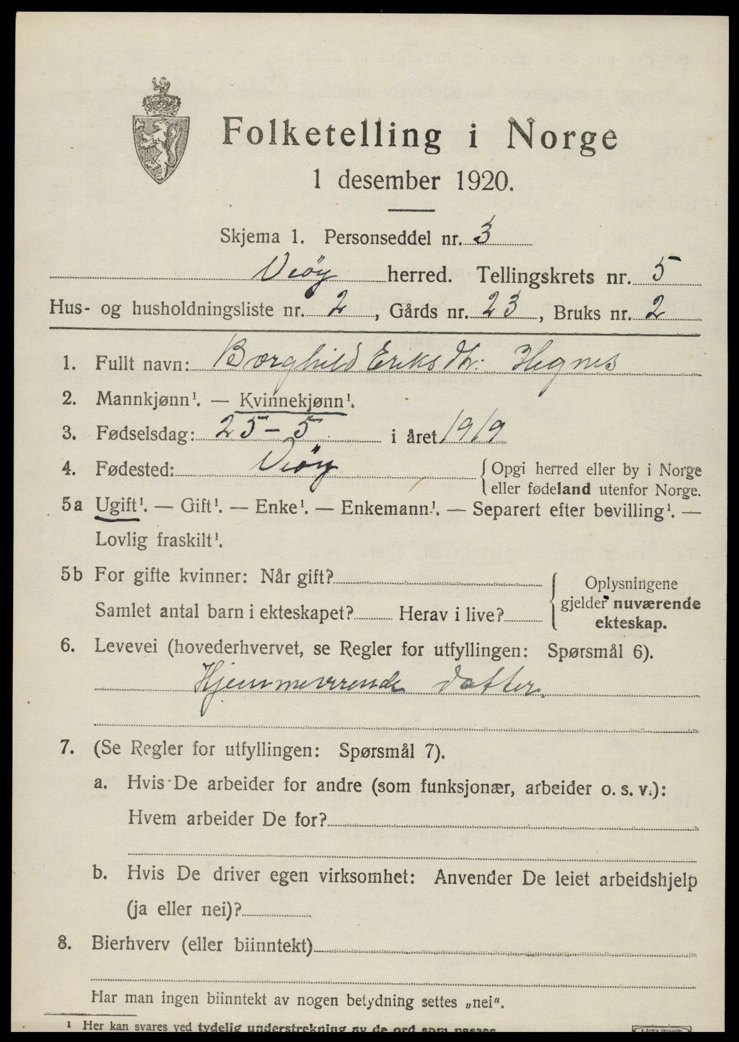 SAT, 1920 census for Veøy, 1920, p. 2343