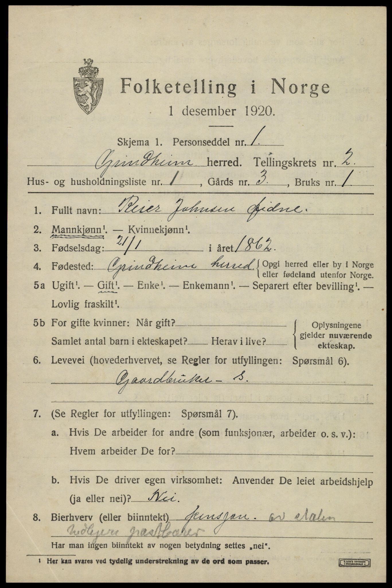 SAK, 1920 census for Grindheim, 1920, p. 563