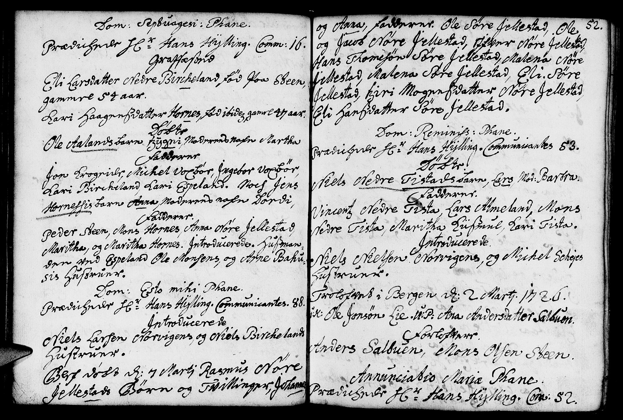 Fana Sokneprestembete, AV/SAB-A-75101/H/Haa/Haaa/L0002: Parish register (official) no. A 2, 1719-1735, p. 52