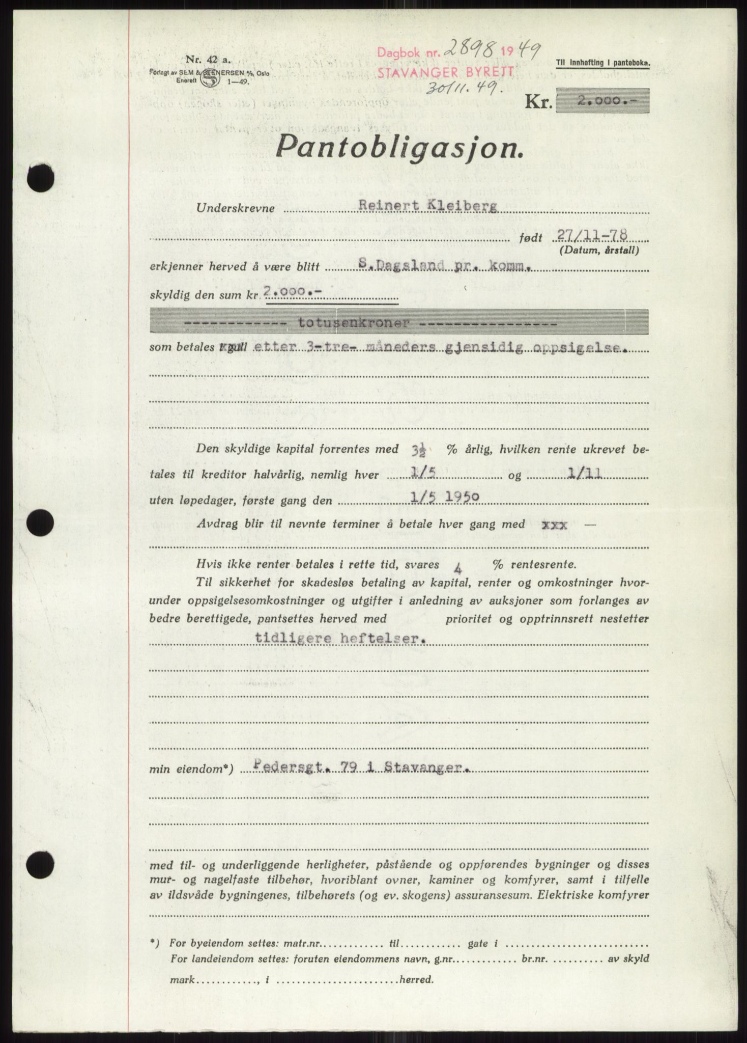 Stavanger byrett, SAST/A-100455/002/G/Gb/L0032: Mortgage book, 1947-1950, Diary no: : 2898/1949