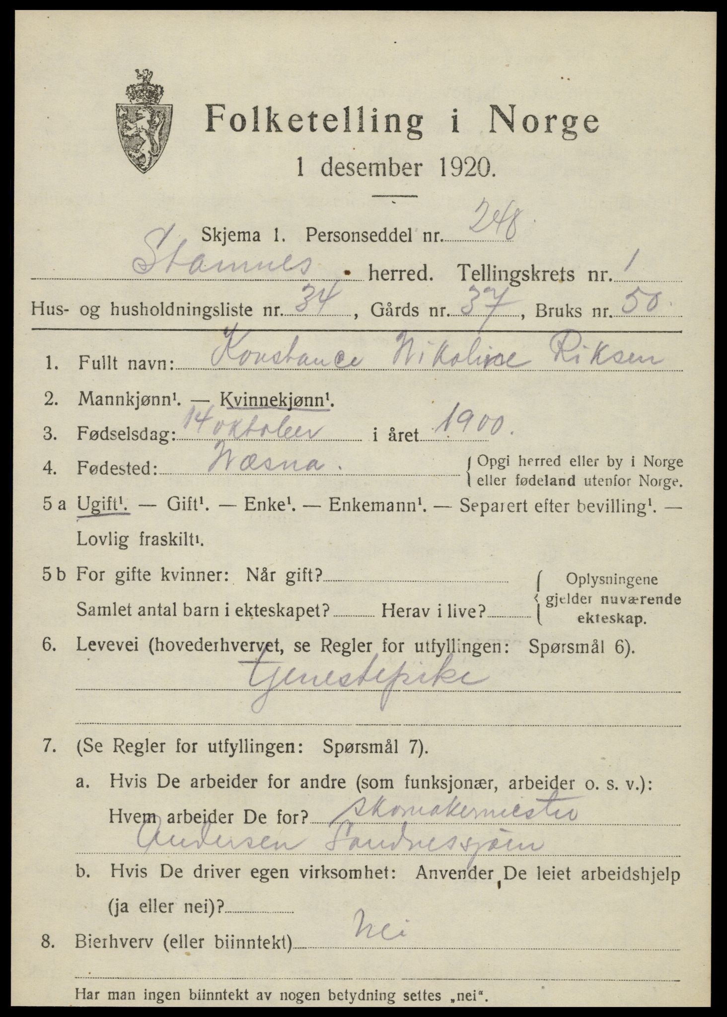 SAT, 1920 census for Stamnes, 1920, p. 1062