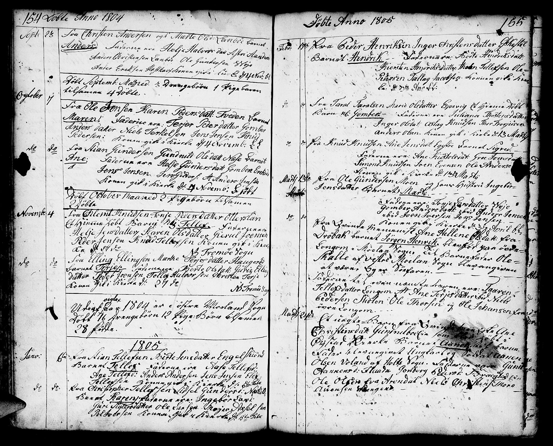 Austre Moland sokneprestkontor, SAK/1111-0001/F/Fa/Faa/L0002: Parish register (official) no. A 2, 1747-1808, p. 154-155