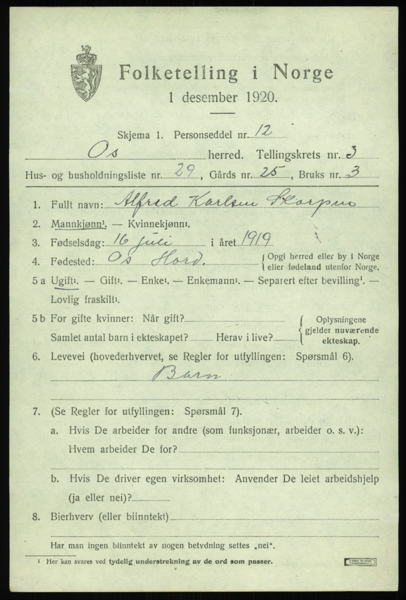 SAB, 1920 census for Os, 1920, p. 2928