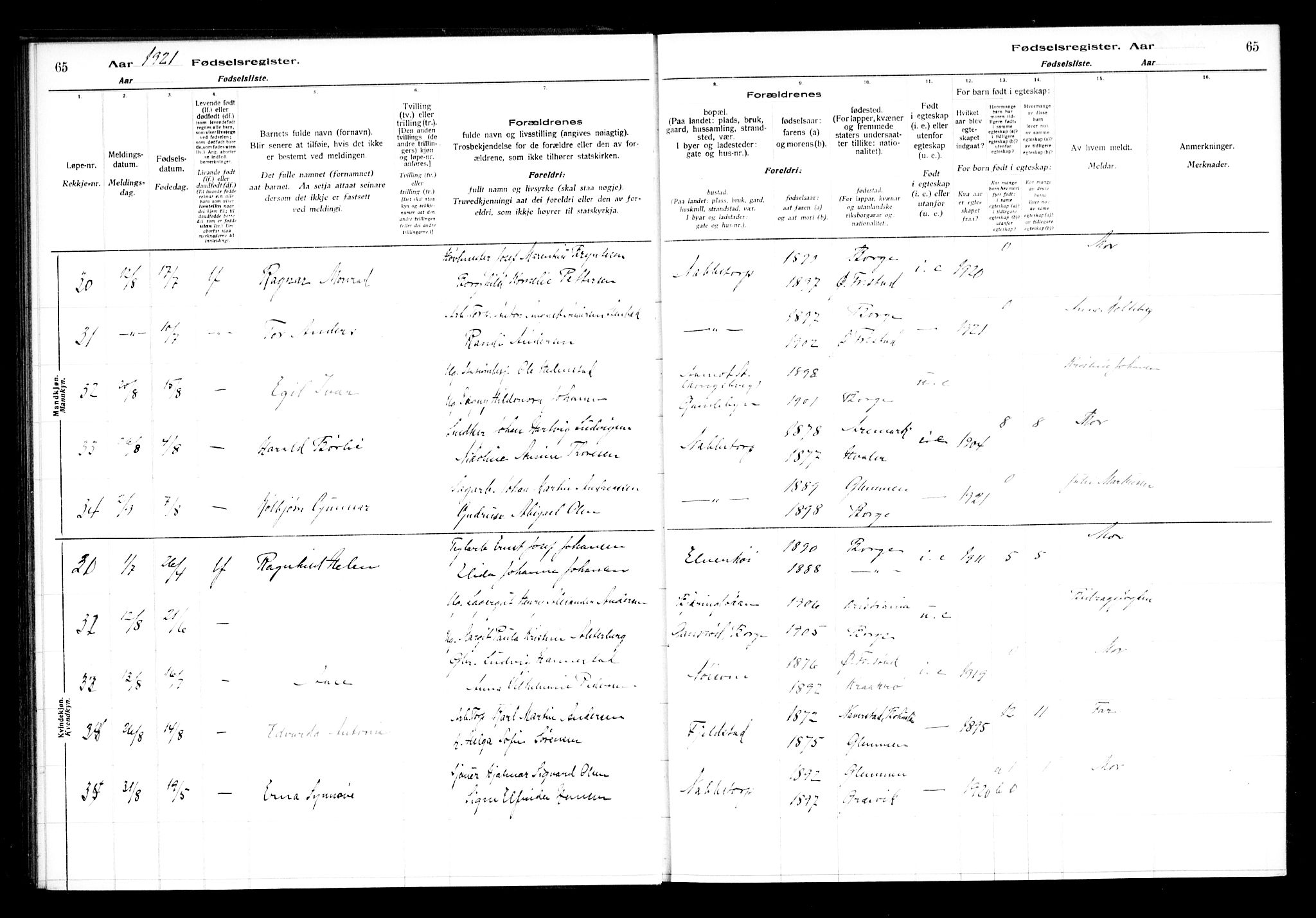 Østre Fredrikstad prestekontor Kirkebøker, AV/SAO-A-10907/J/Ja/L0001: Birth register no. 1, 1916-1936, p. 65