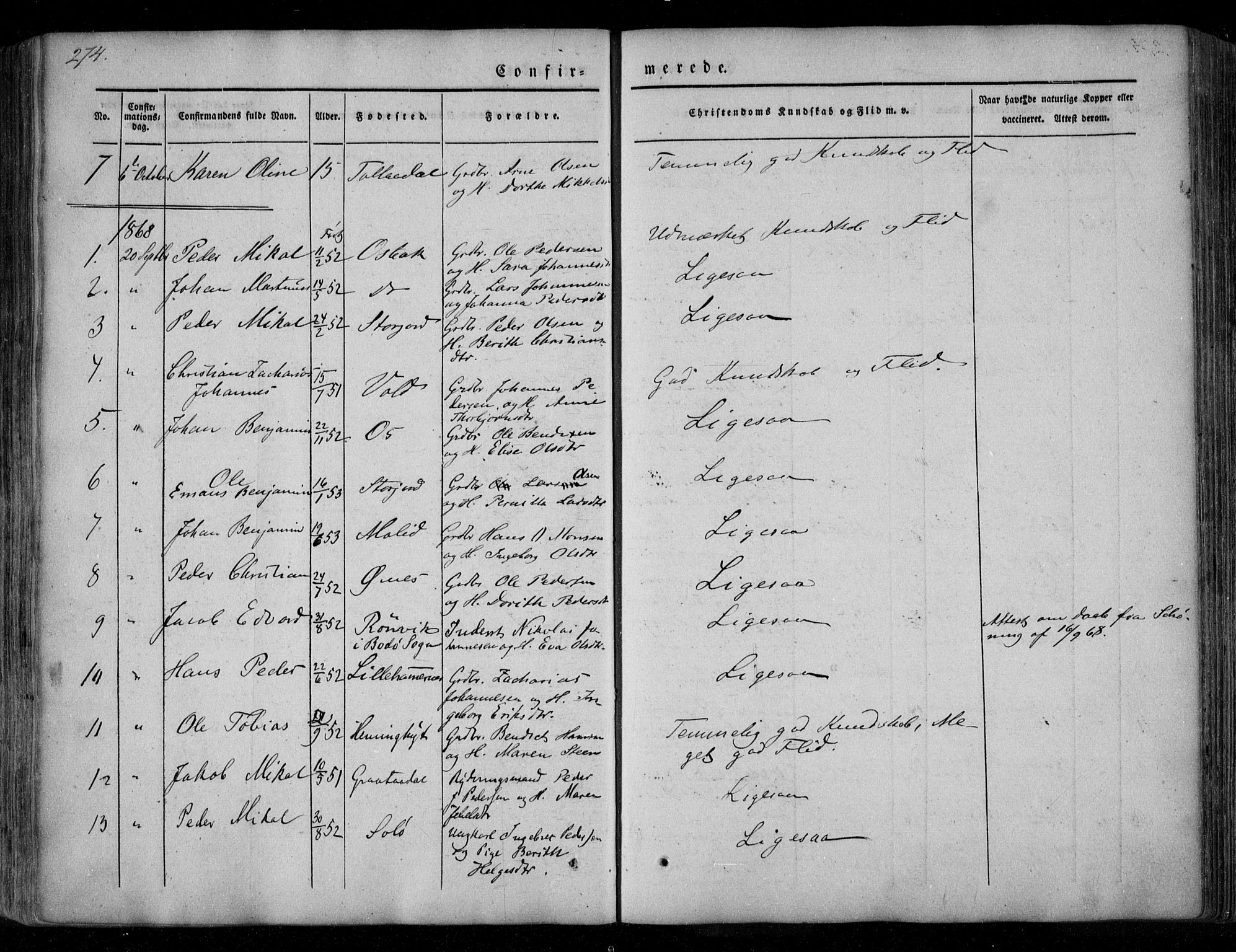 Ministerialprotokoller, klokkerbøker og fødselsregistre - Nordland, AV/SAT-A-1459/846/L0644: Parish register (official) no. 846A02, 1837-1872, p. 274