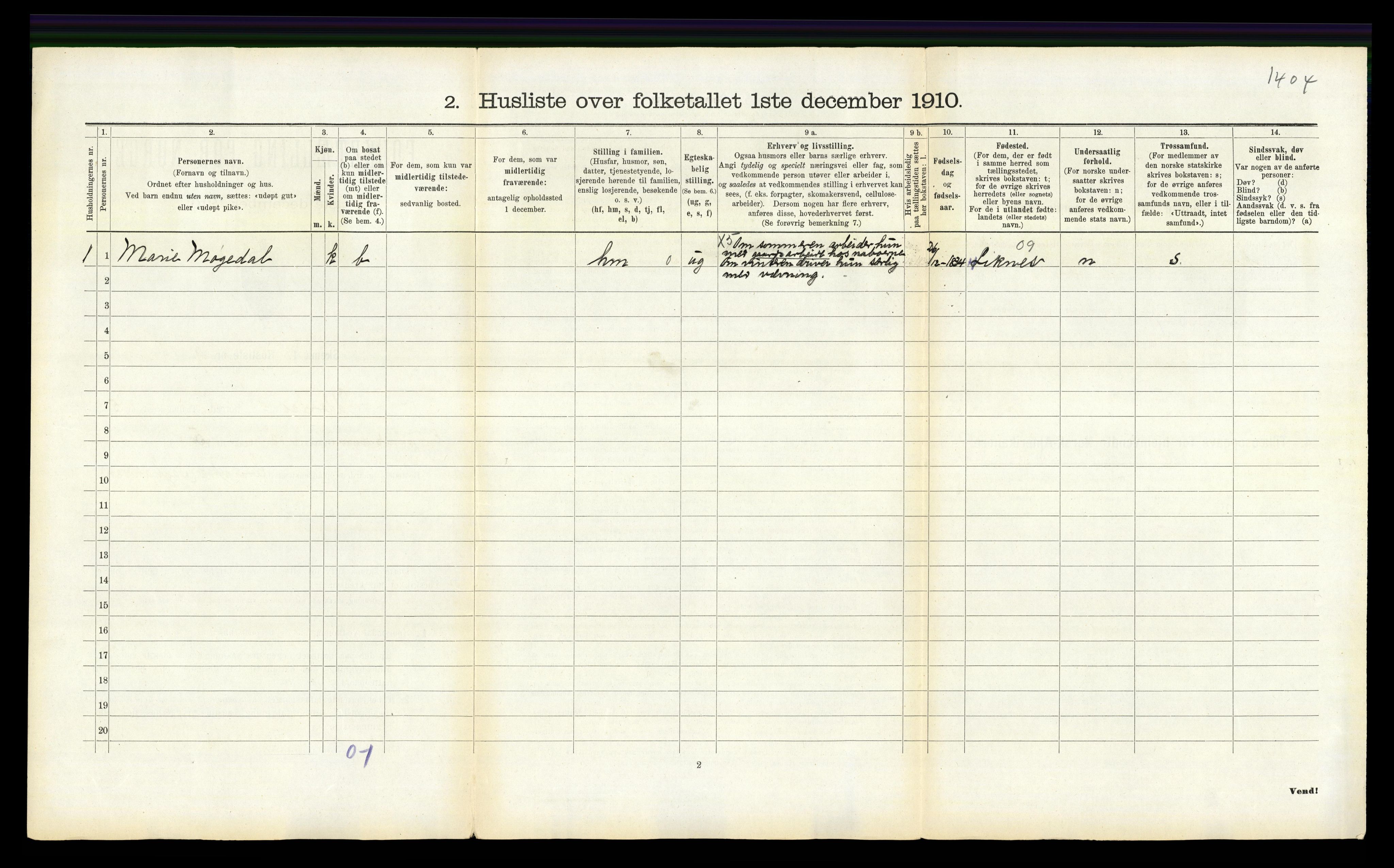 RA, 1910 census for Oddernes, 1910, p. 564