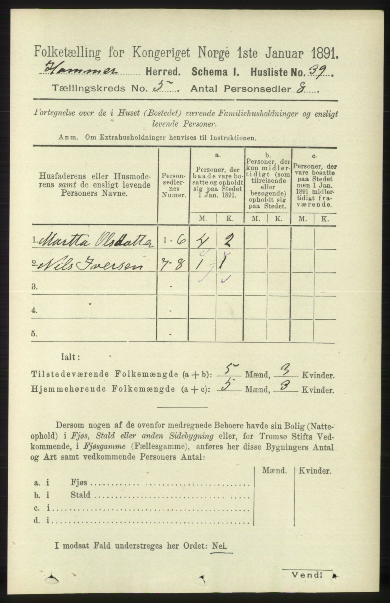 RA, 1891 census for 1254 Hamre, 1891, p. 1211