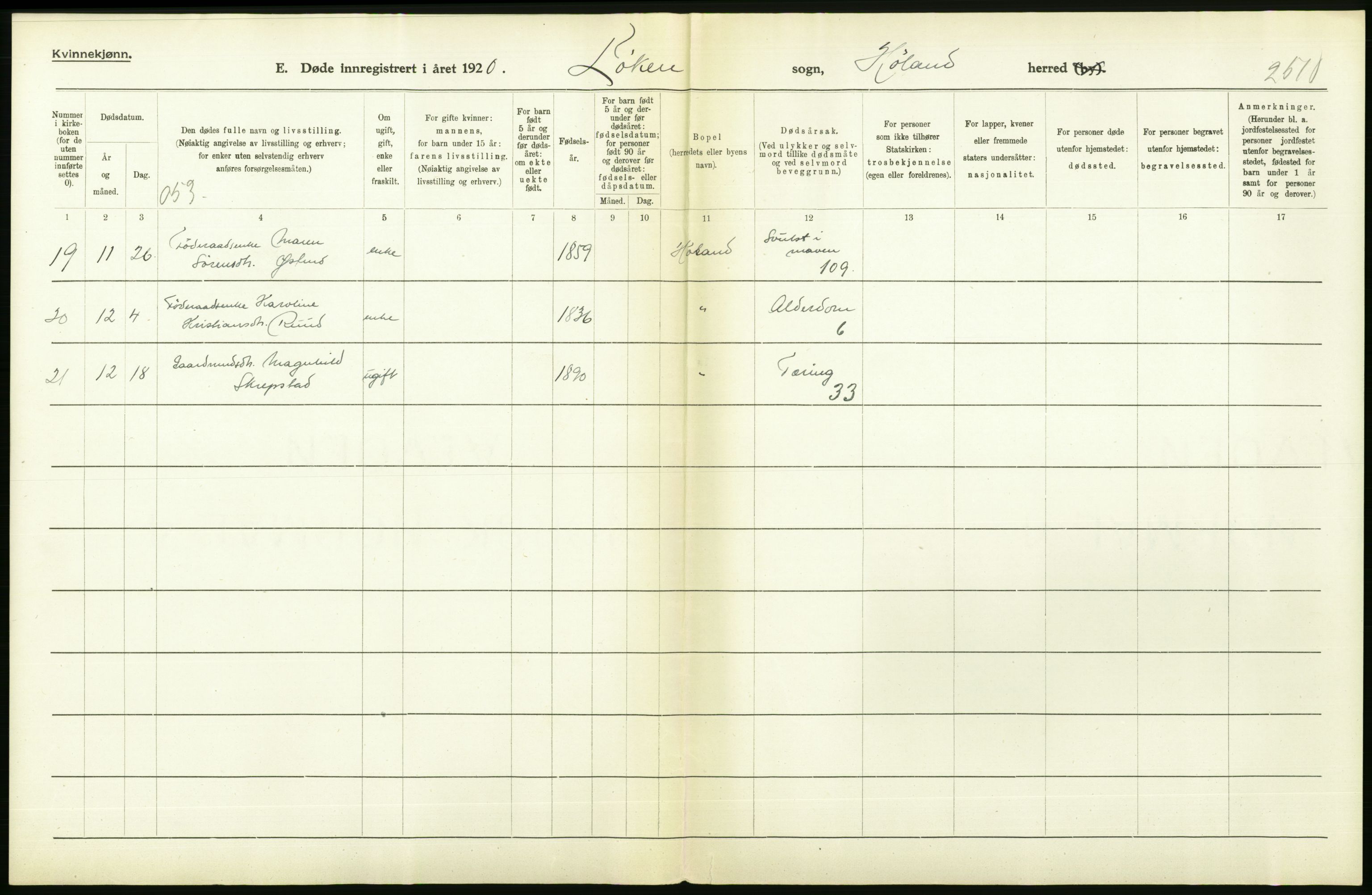 Statistisk sentralbyrå, Sosiodemografiske emner, Befolkning, AV/RA-S-2228/D/Df/Dfb/Dfbj/L0007: Akershus fylke: Døde. Bygder og byer., 1920, p. 382